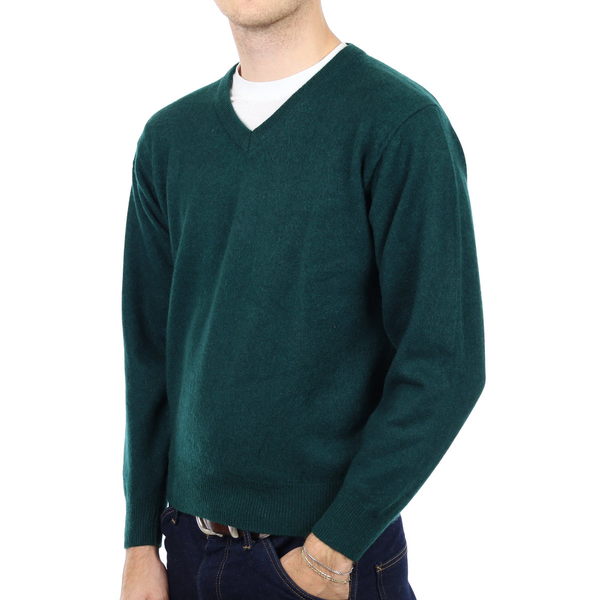 Men's Pine Green Cashmere V Neck Jumper Medium