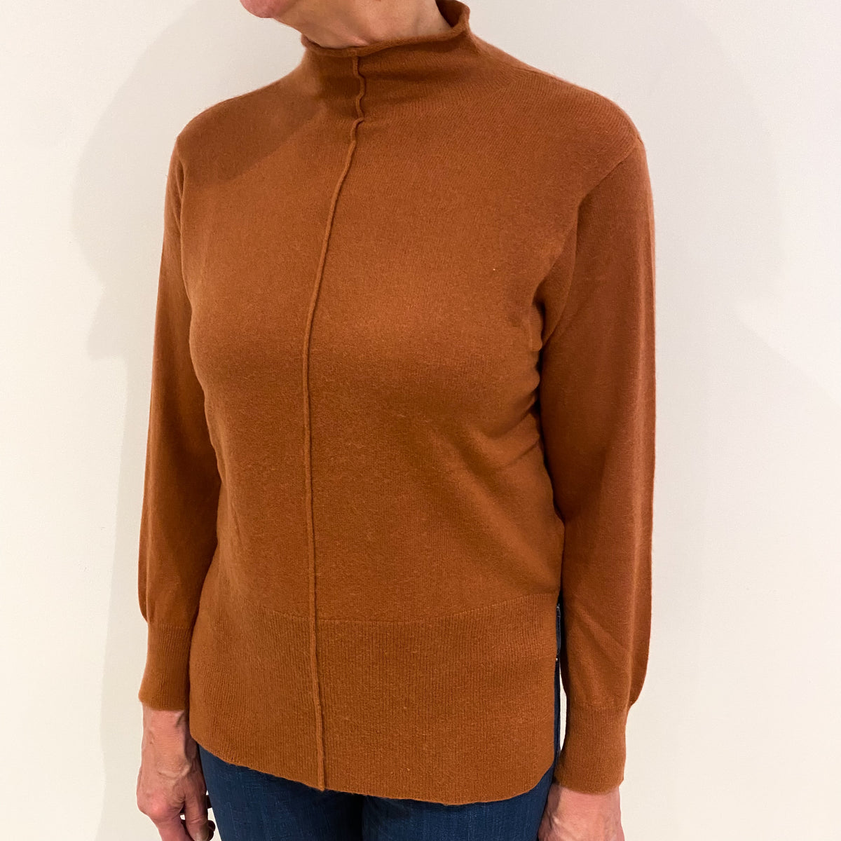 Rust Brown Cashmere Funnel Neck Jumper Medium