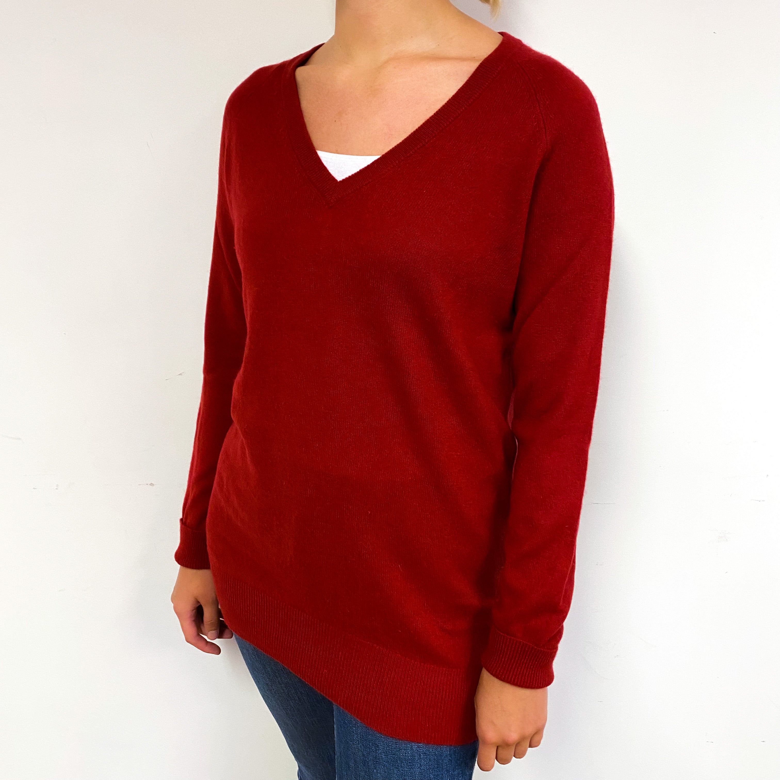 Crimson Red Longline Cashmere V-Neck Jumper Small