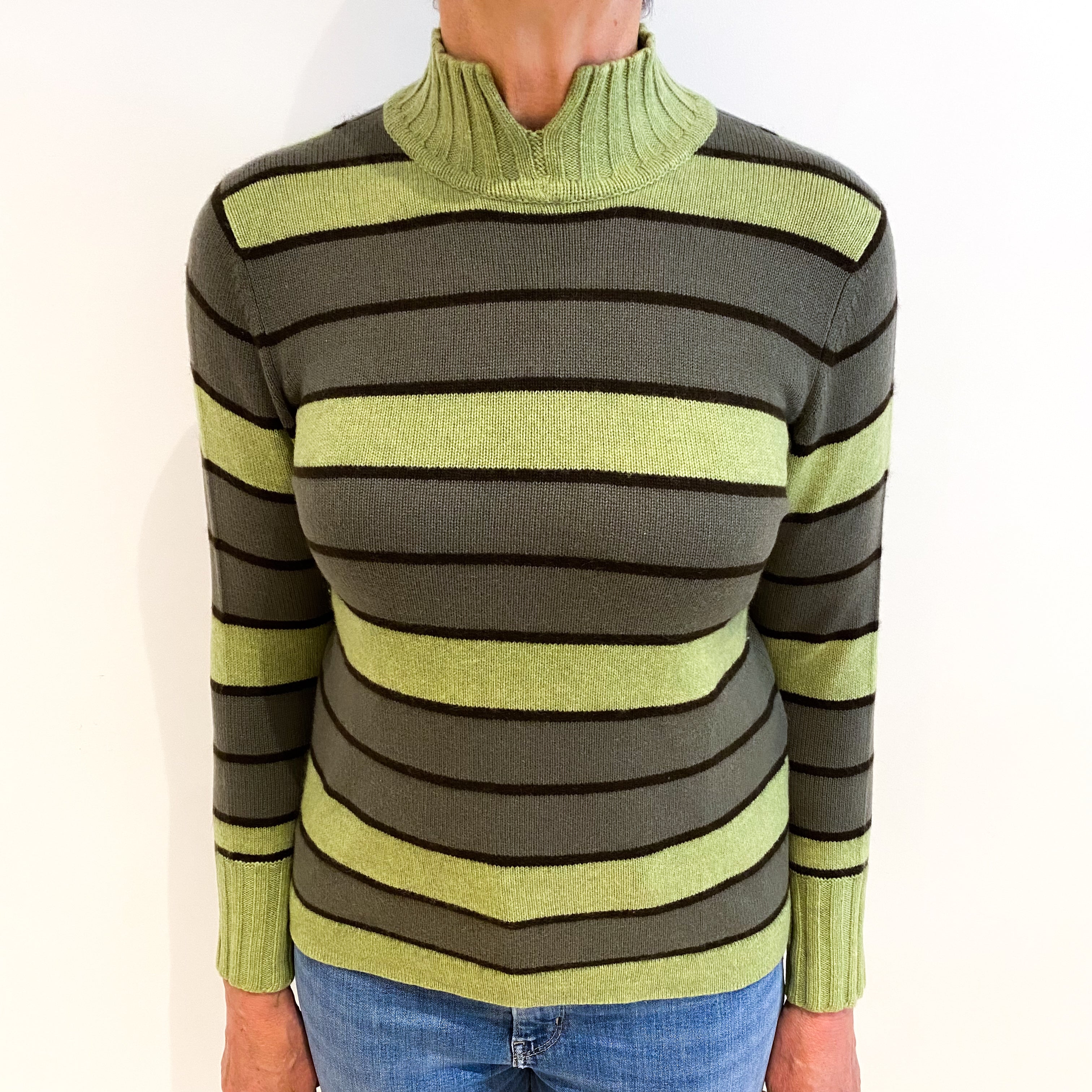 Green Stripe Cashmere Polo Neck Jumper Medium