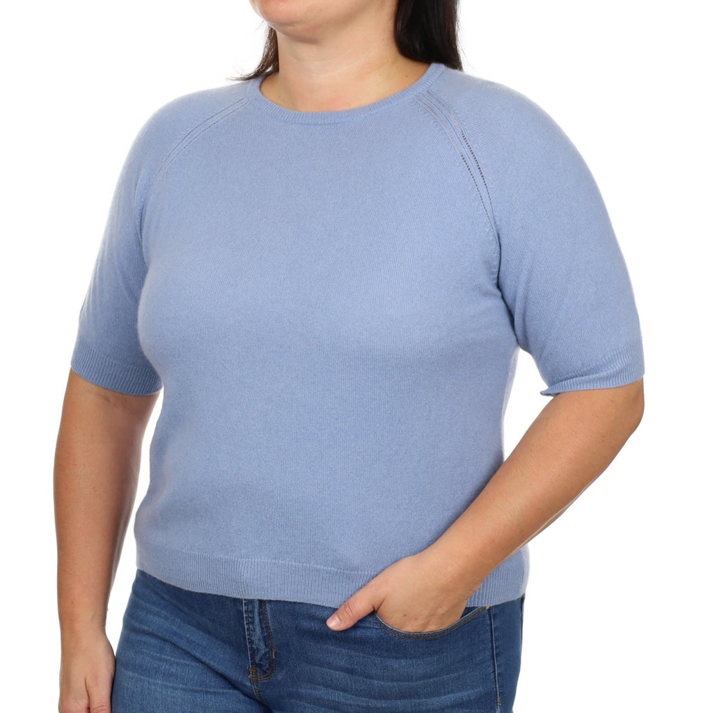 Denim Blue Cashmere Crew Neck Short Sleeved Jumper Large