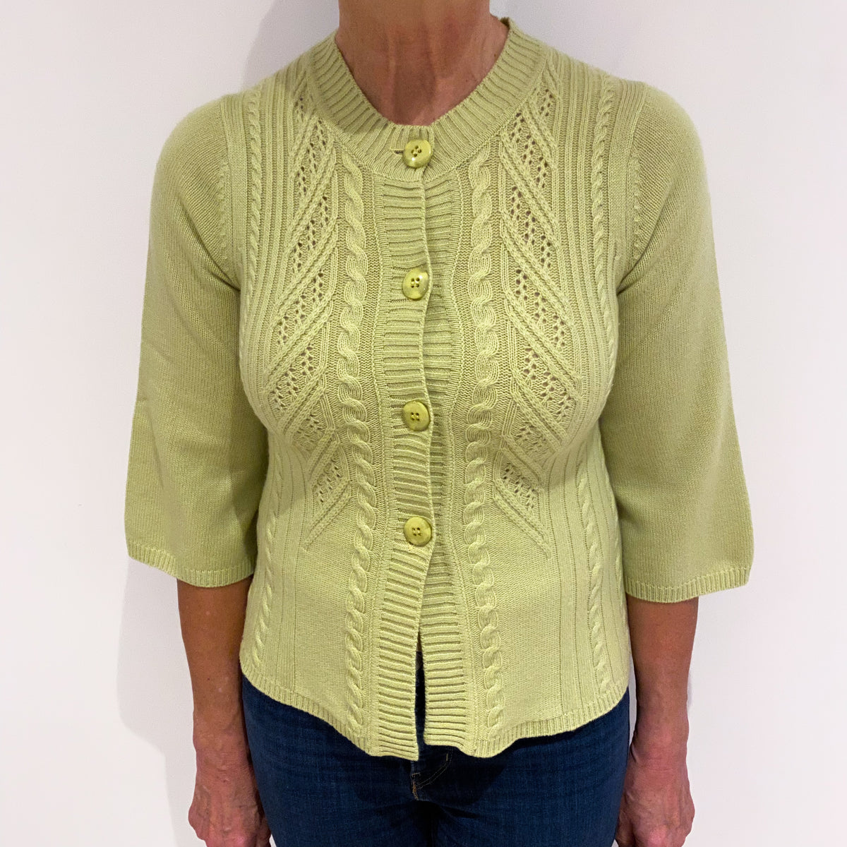 Pistachio Green Textured Cashmere Crew Neck Cardigan Medium