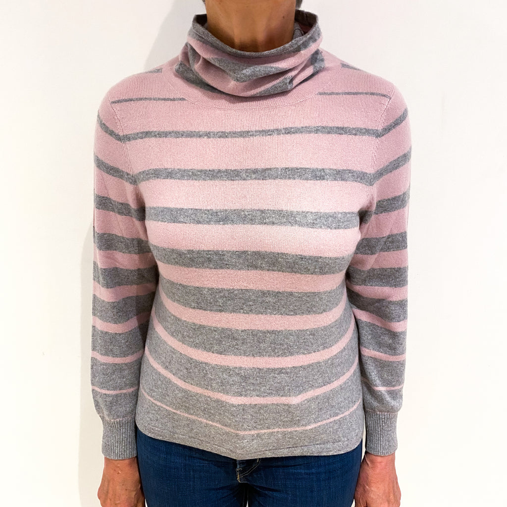 Mauve Grey Stripe Cashmere Funnel Neck Jumper Medium