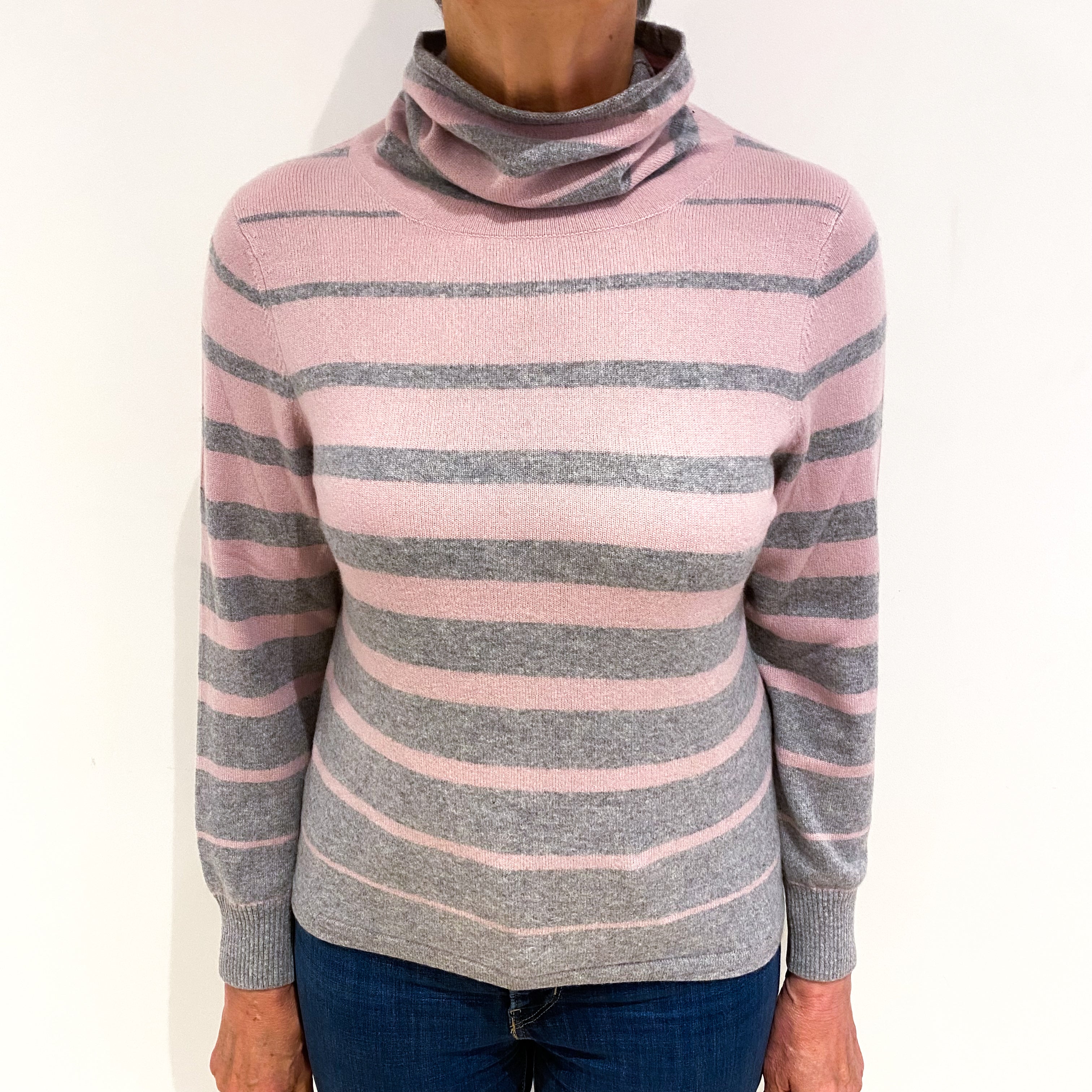 Mauve Grey Stripe Cashmere Funnel Neck Jumper Medium