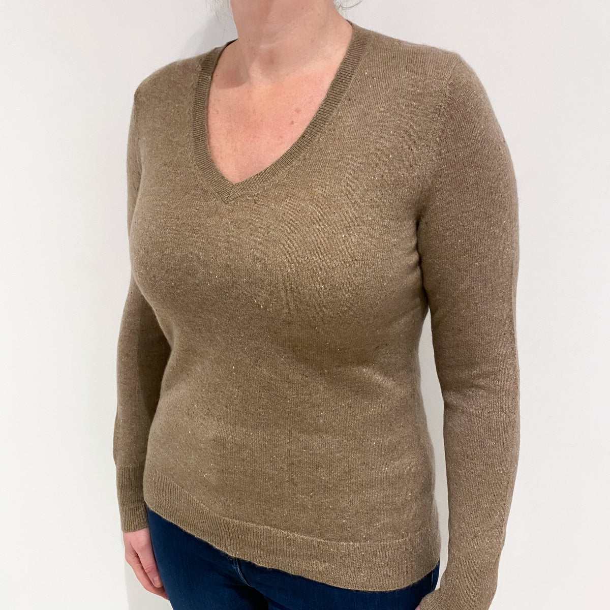 Fudge Marl Cashmere V Neck Jumper Large