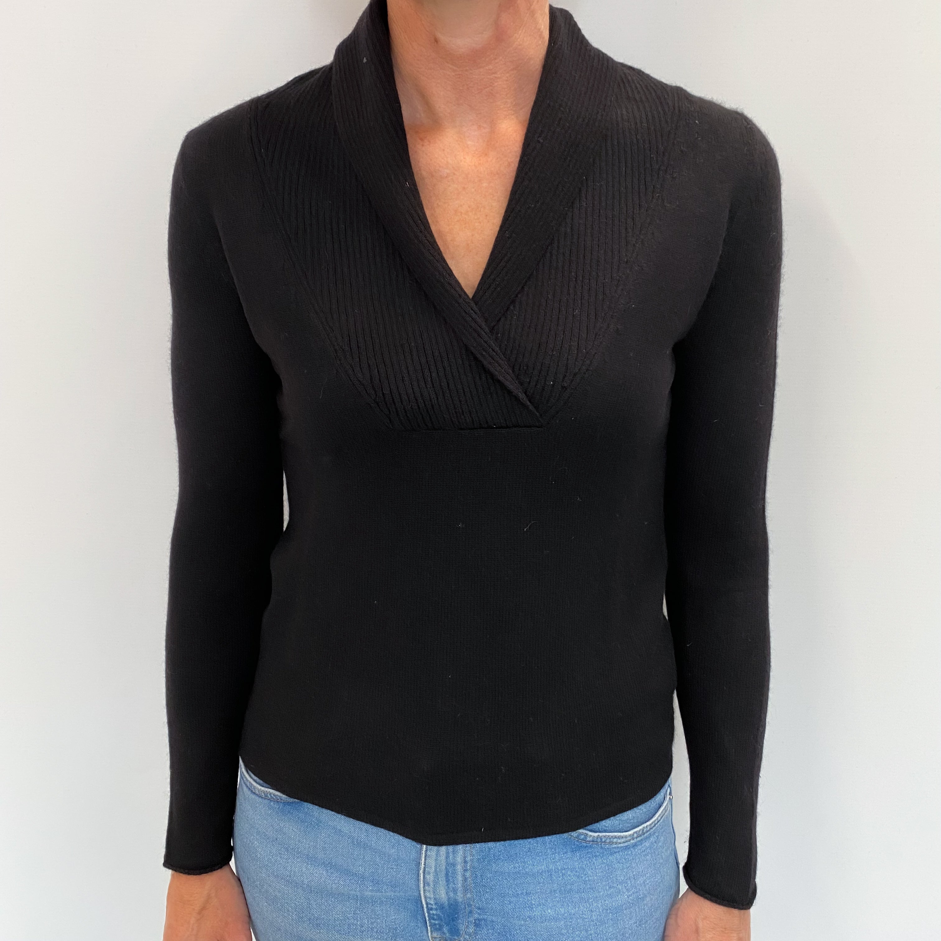 Black Cashmere Shawl V Neck Jumper Small