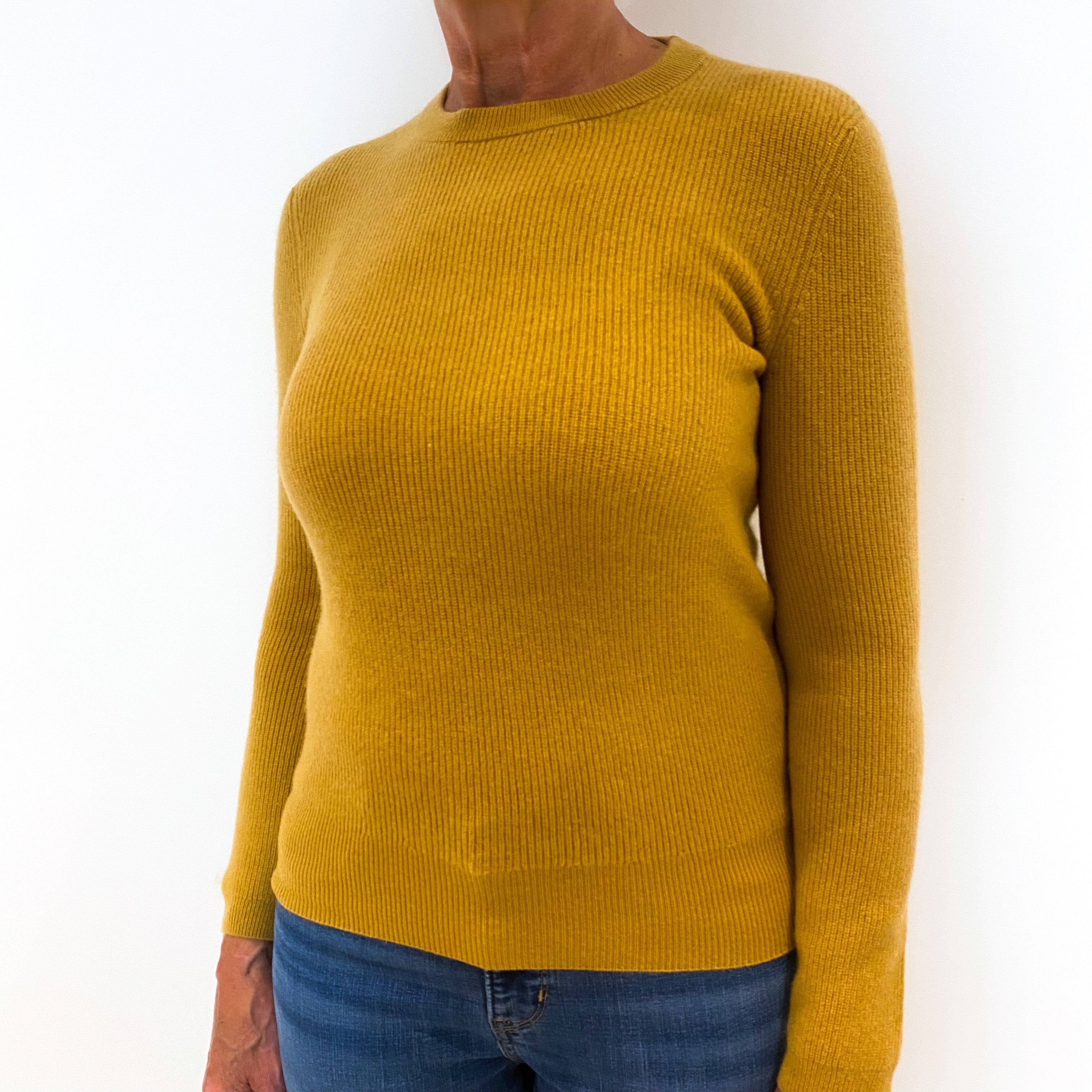 Mustard Yellow Rib Cashmere Crew Neck Jumper Medium