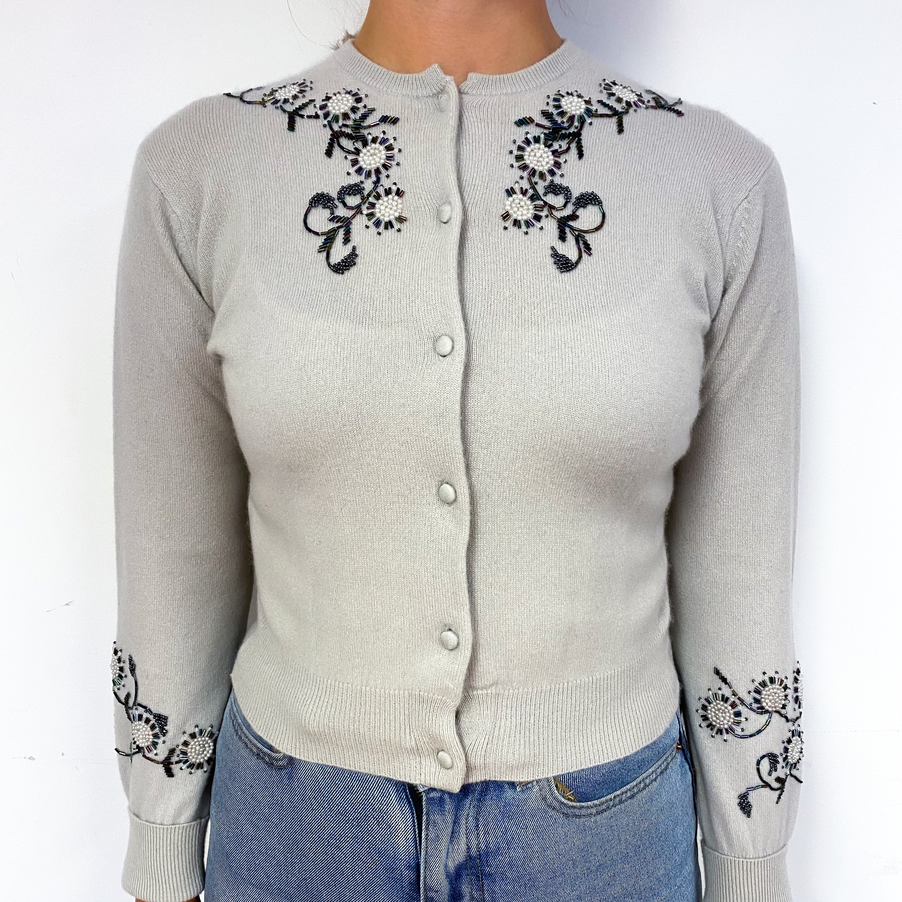 Vintage Pringle Frost Grey Embellished Cashmere Cardigan Small