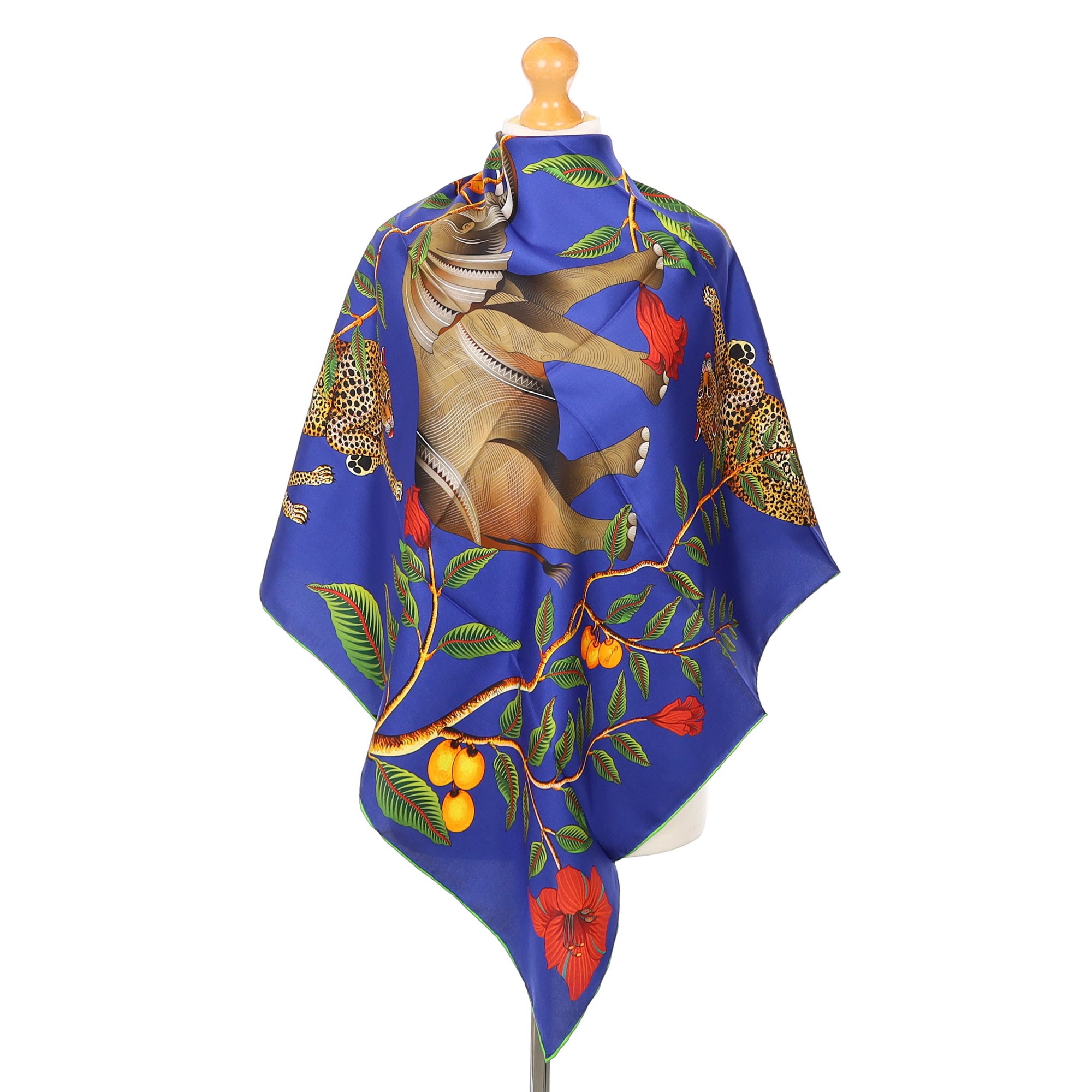 Brand New Bellezza Blue & Black Elephant Safari Double Faced Silk Scarf