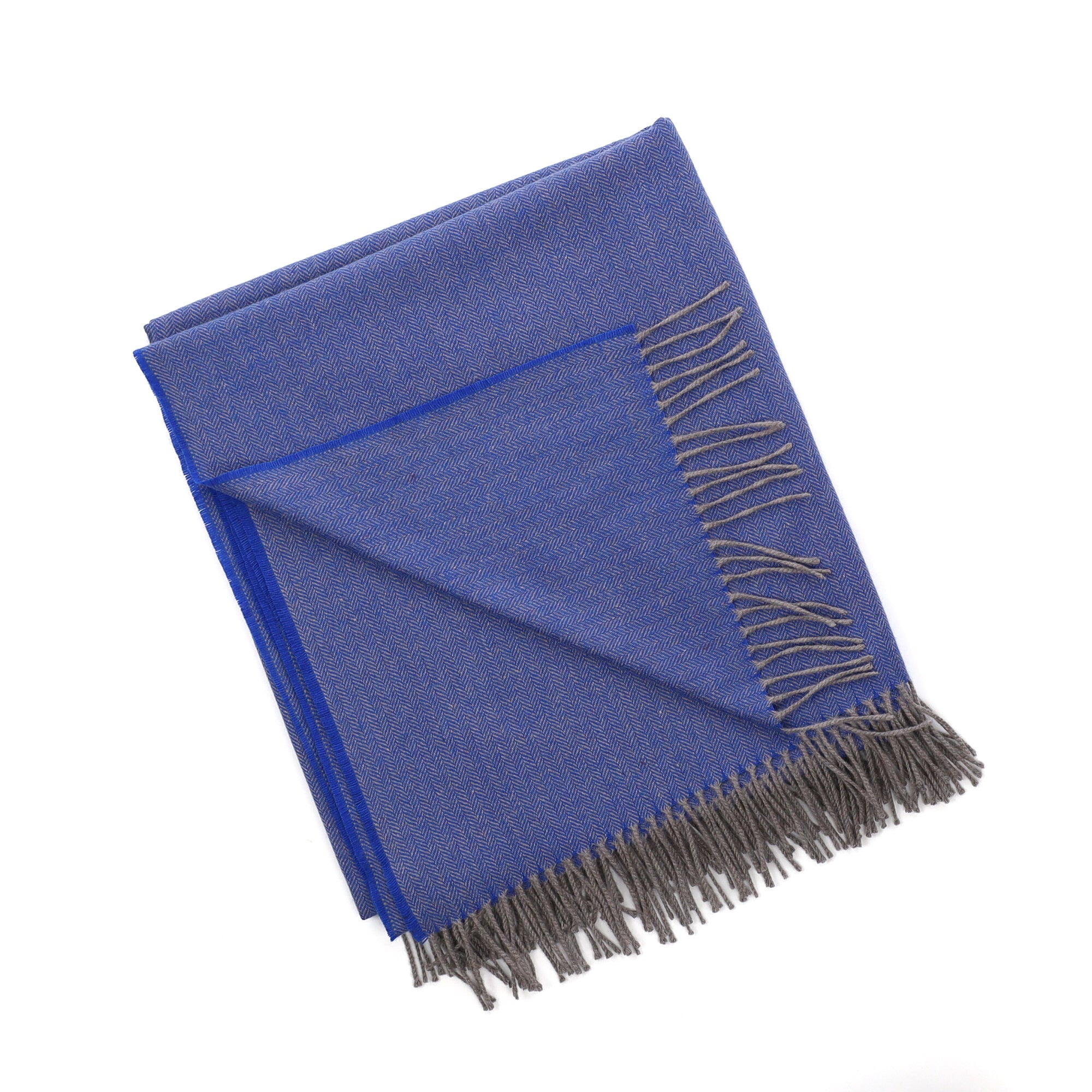 Brand New English Blue and Grey Herringbone Luxury Woven Cashmere Blanket