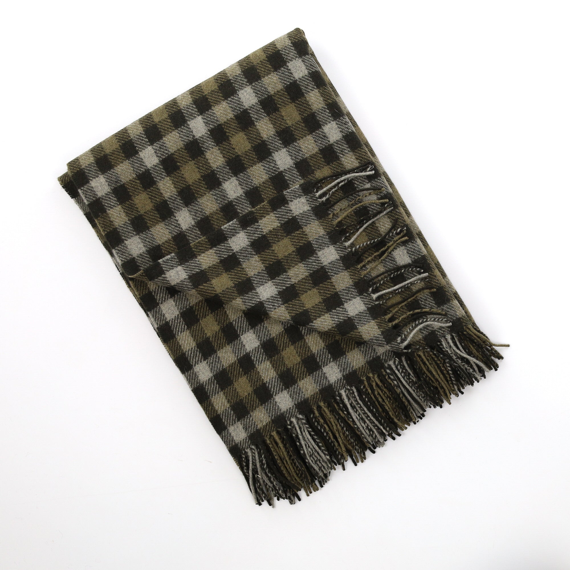 Brand New English Khaki Green Checked Luxury Woven Cashmere Blanket