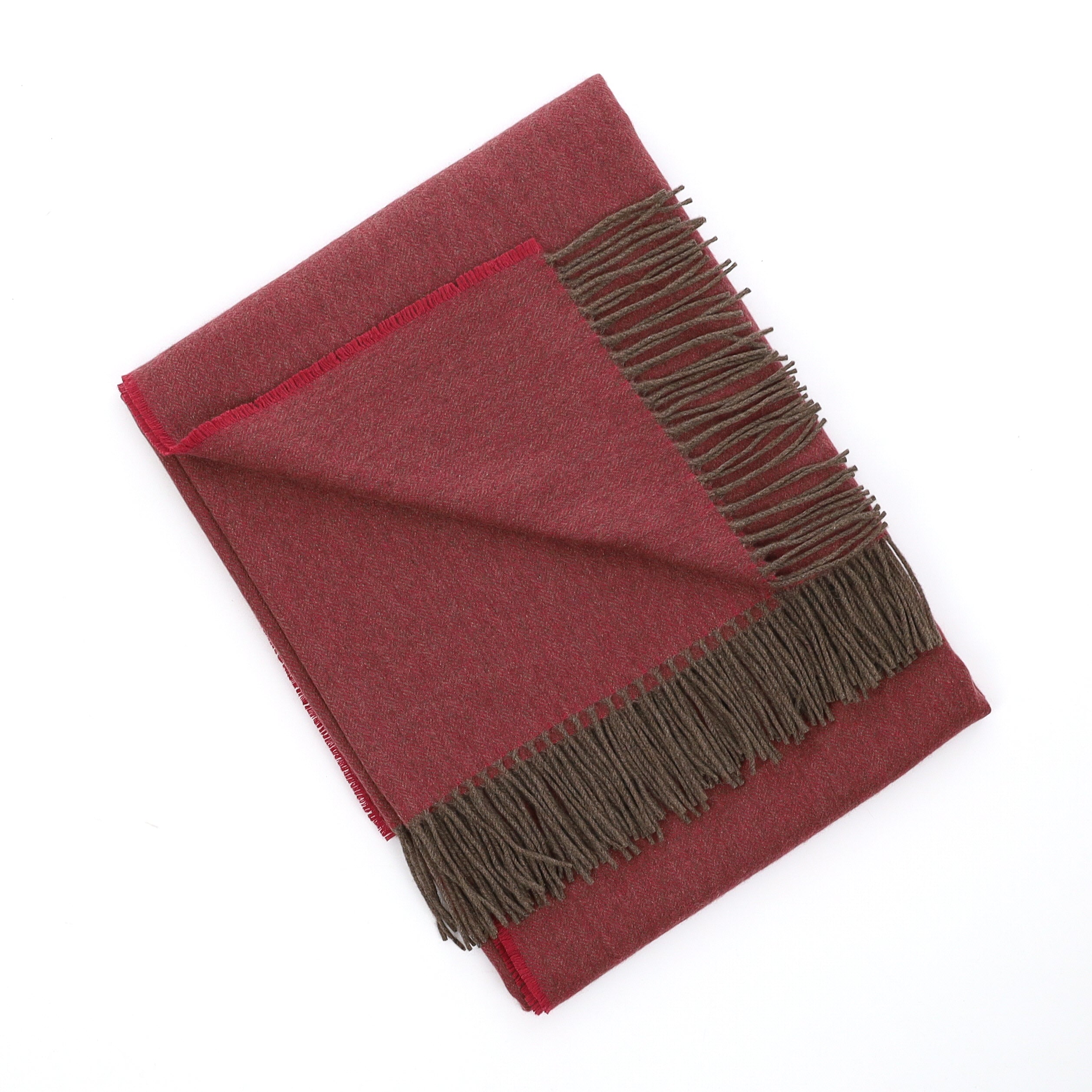Brand New English Cherry Pink and Mocha Herringbone Luxury Woven Cashmere Blanket