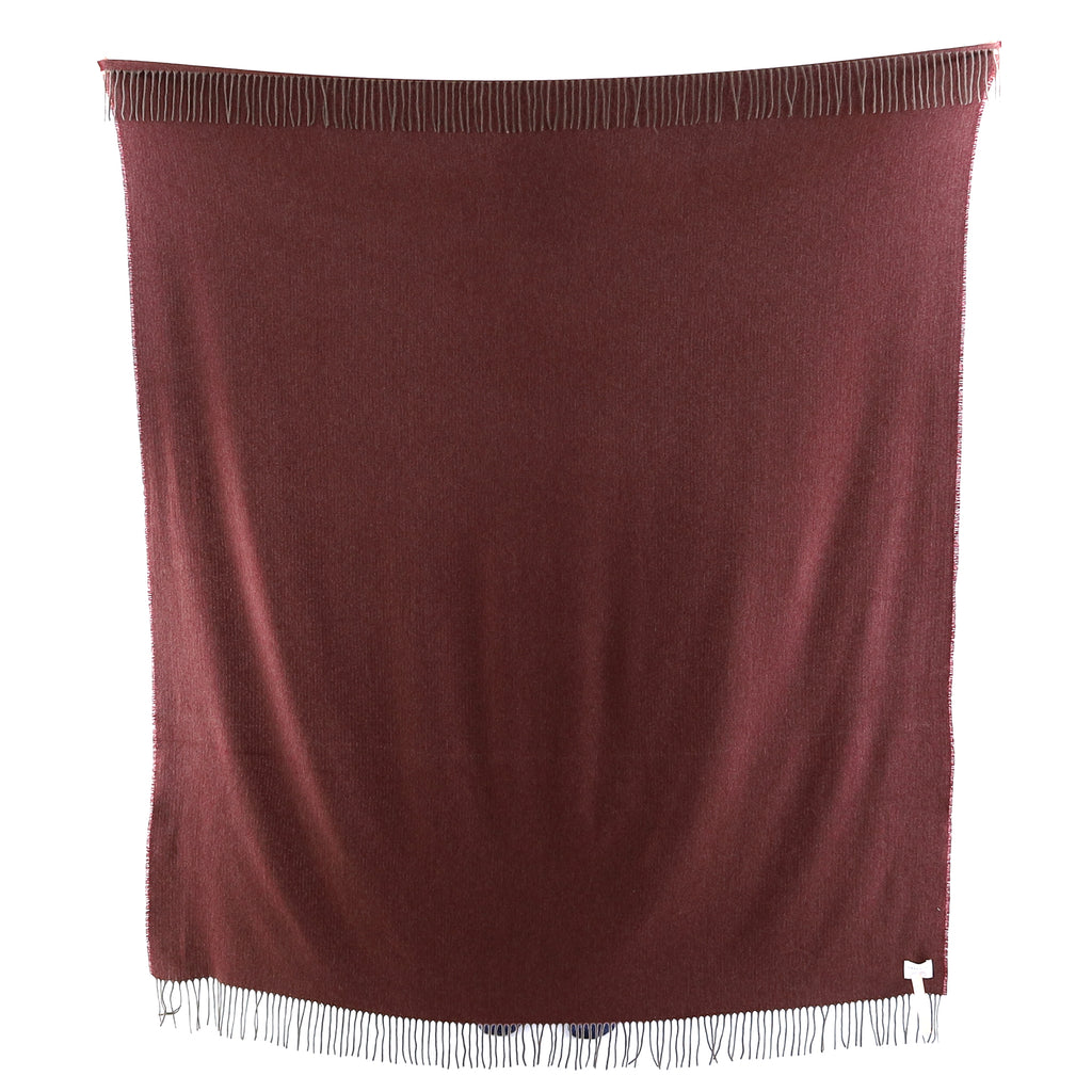 Brand New English Burgundy and Mocha Herringbone Luxury Woven Cashmere Blanket