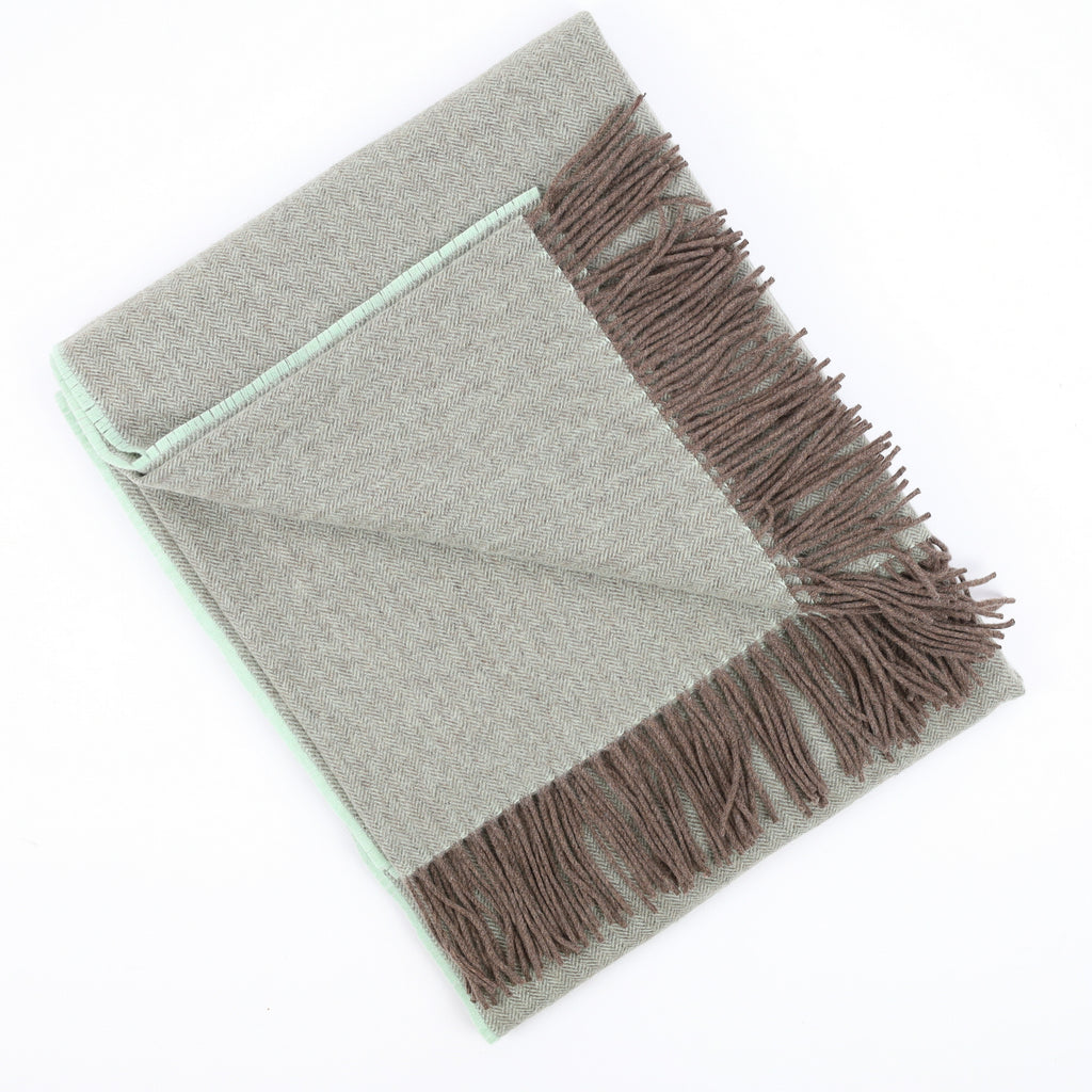 Brand New English Mint and Mocha Herringbone Luxury Woven Cashmere Blanket