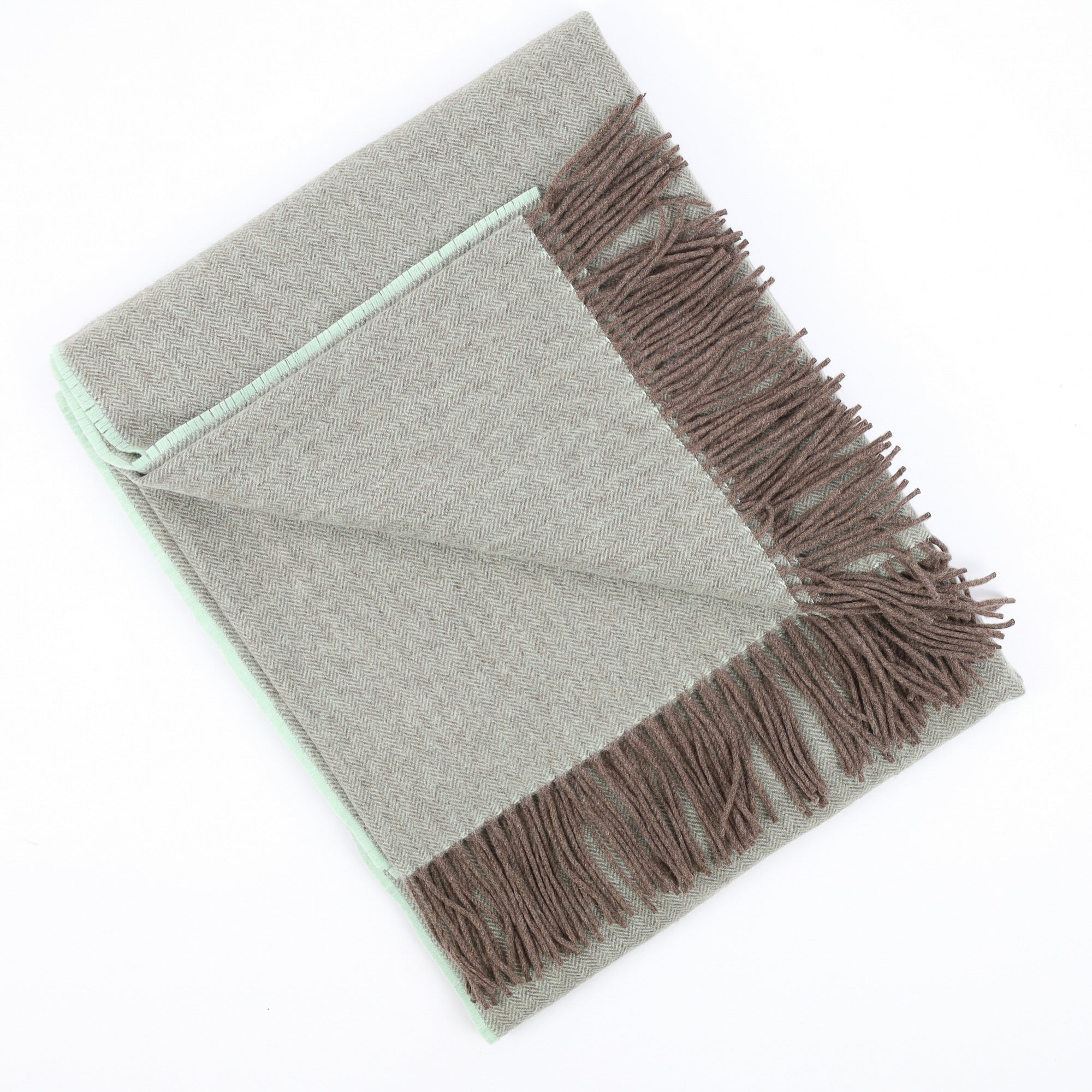 Brand New English Mint and Mocha Herringbone Luxury Woven Cashmere Blanket