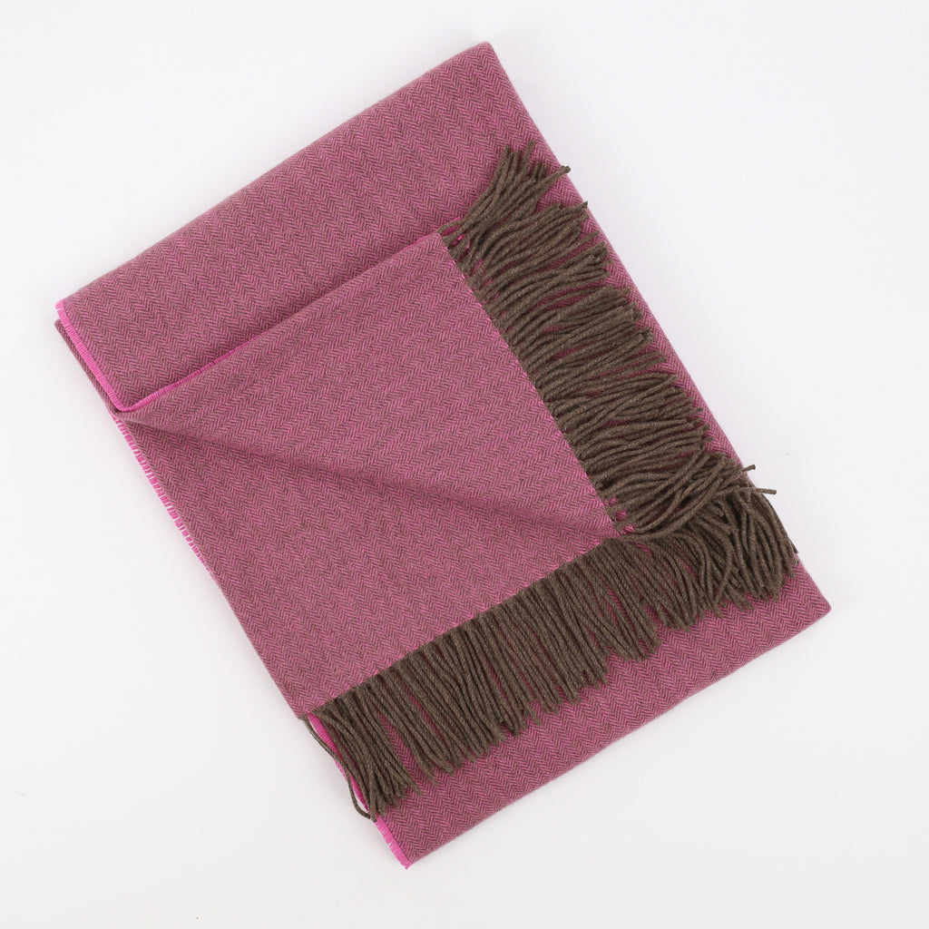 Brand New English Rose Bloom and Mocha Herringbone Luxury Woven Cashmere Blanket