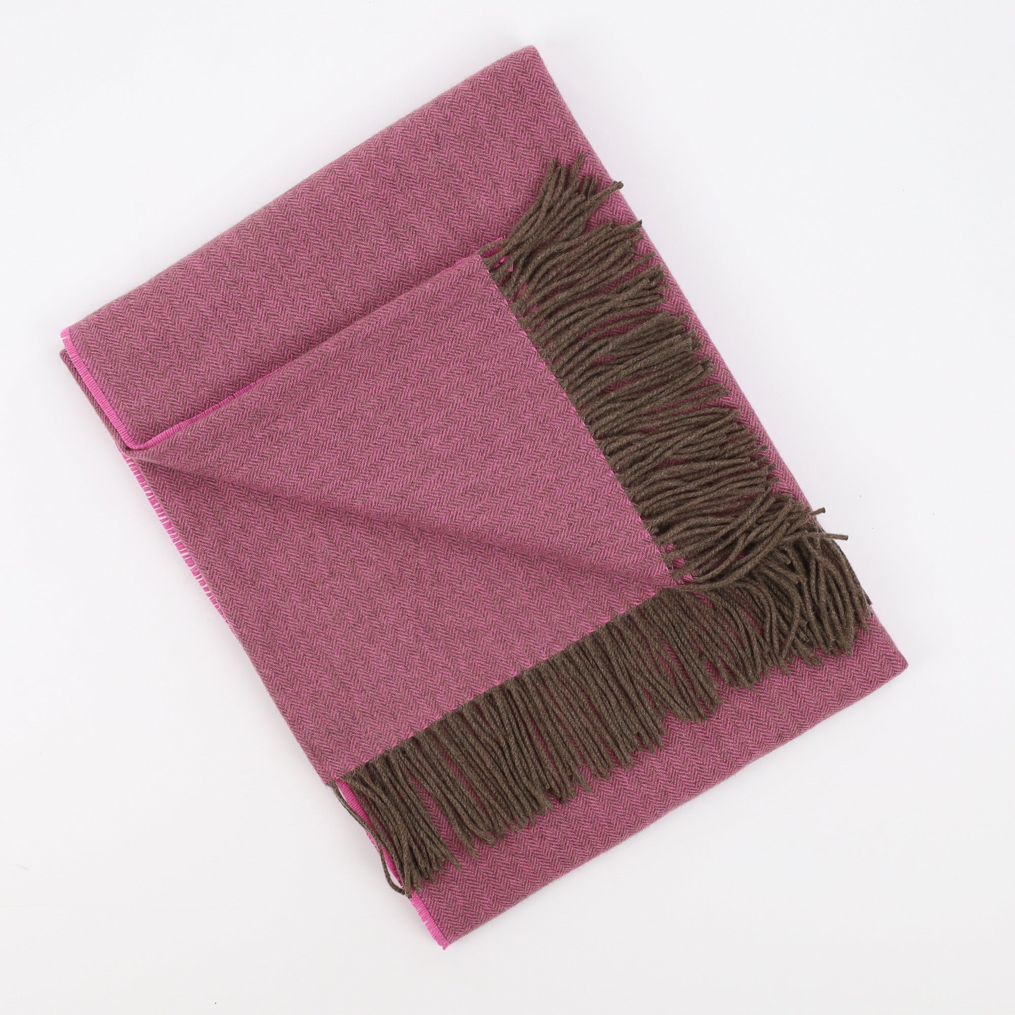 Brand New English Rose Bloom and Mocha Herringbone Luxury Woven Cashmere Blanket