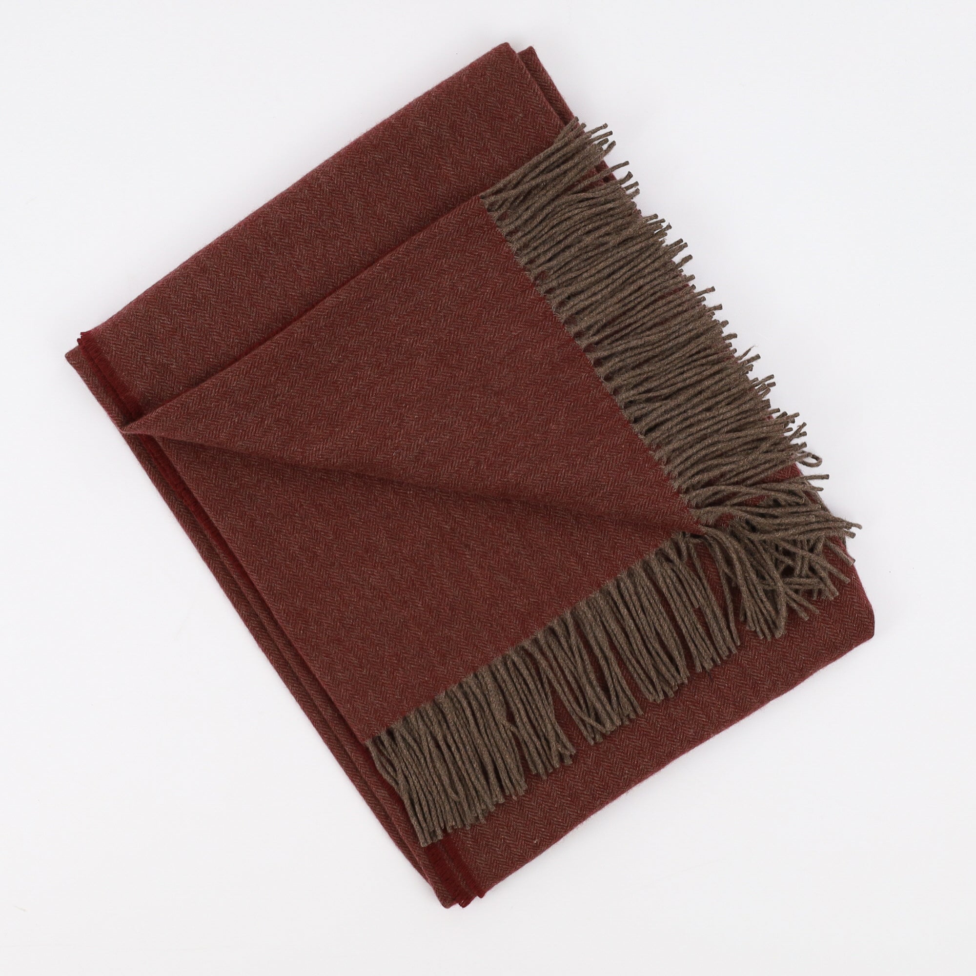 Brand New English Burgundy and Mocha Herringbone Luxury Woven Cashmere Blanket