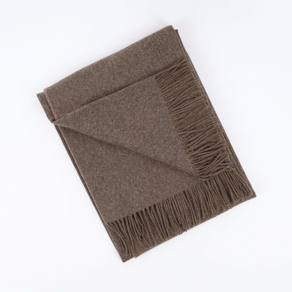 Brand New English Mushroom and Forest Green Luxury Woven Cashmere Blanket