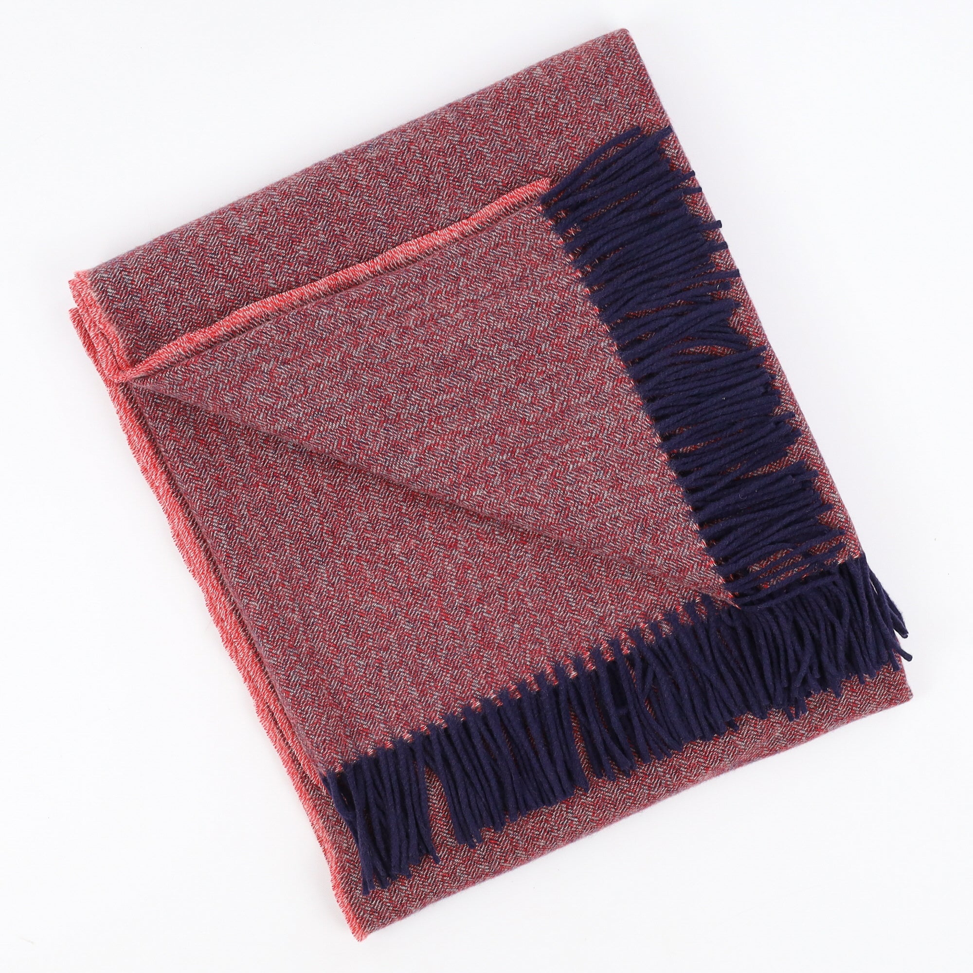 Brand New English Scarlet, Navy and Ivory Herringbone Luxury Woven Cashmere Blanket