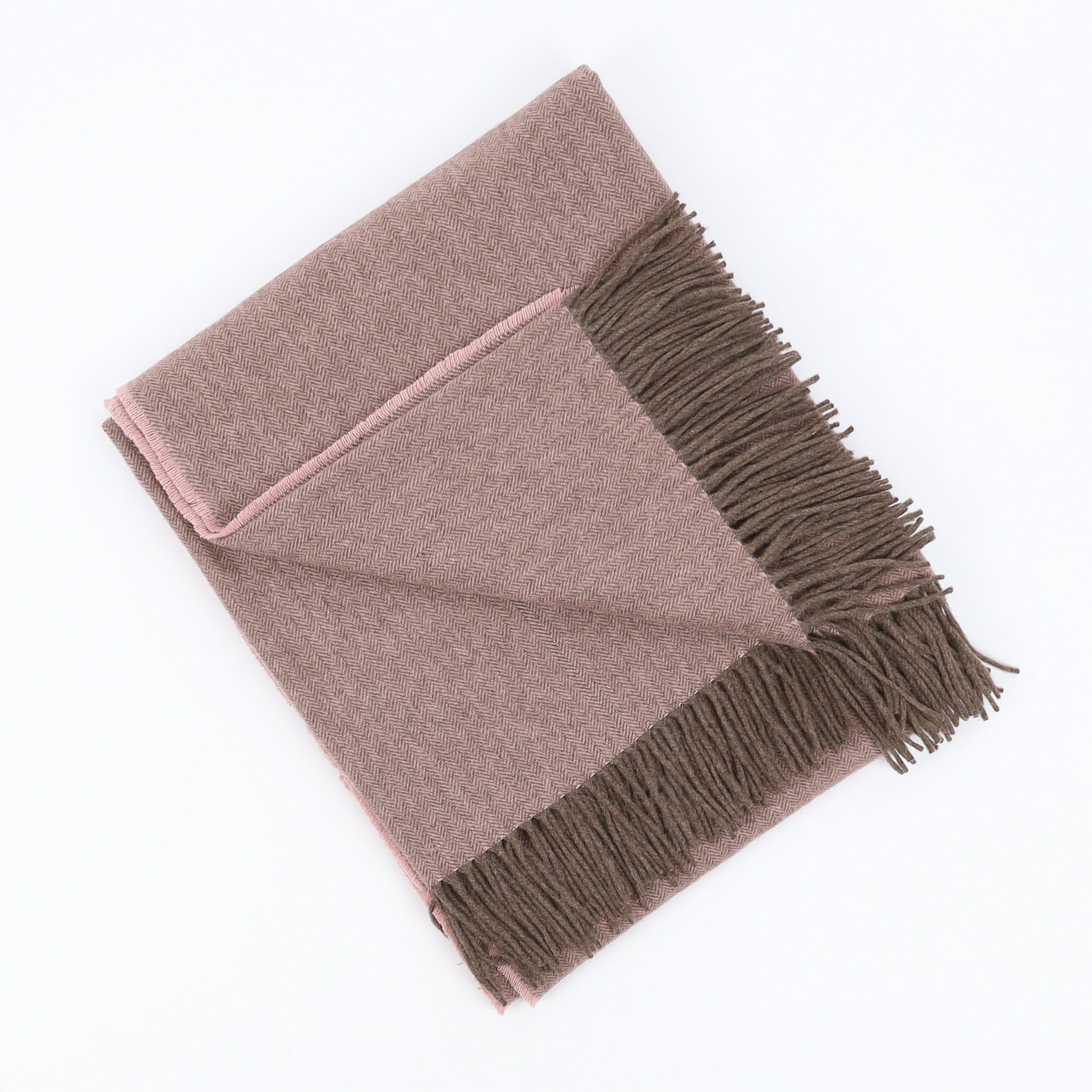 Brand New English Hazy Pink and Mushroom Herringbone Luxury Woven Cashmere Blanket