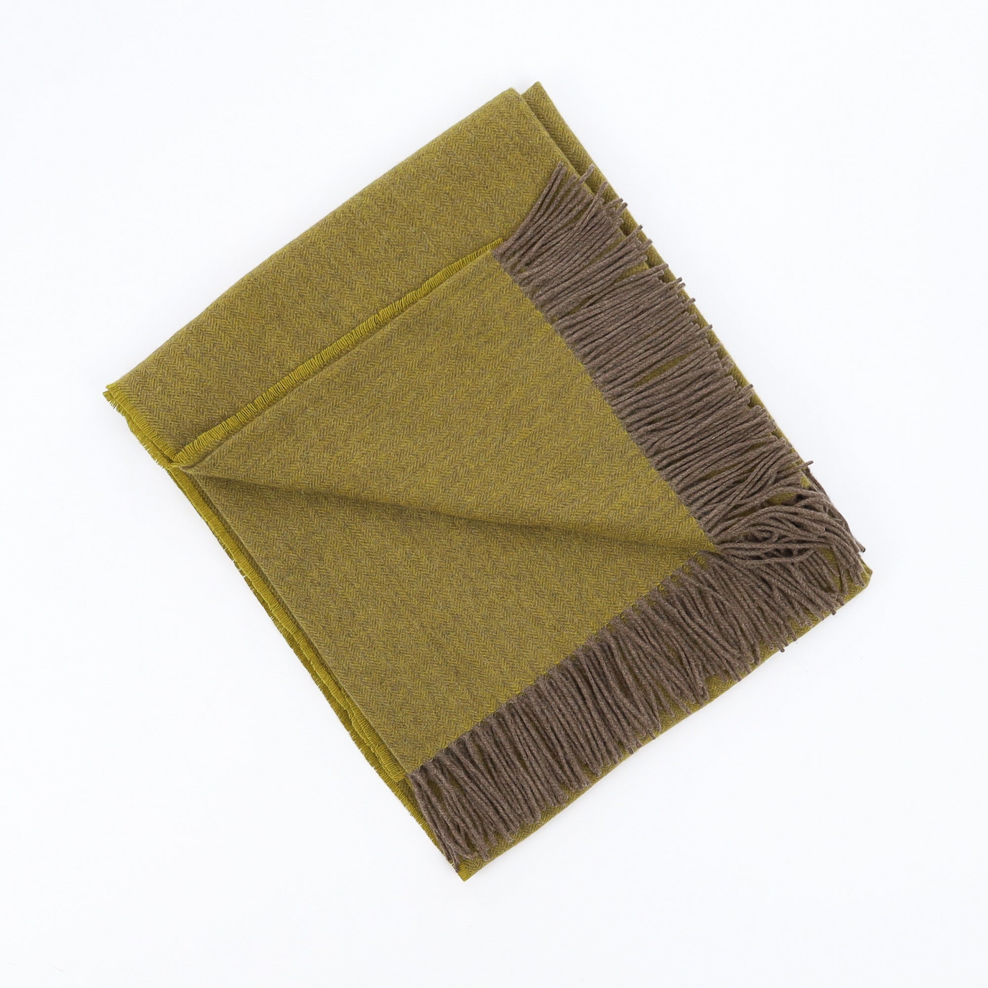 Brand New English Moss Green and Mocha Herringbone Luxury Woven Cashmere Blanket