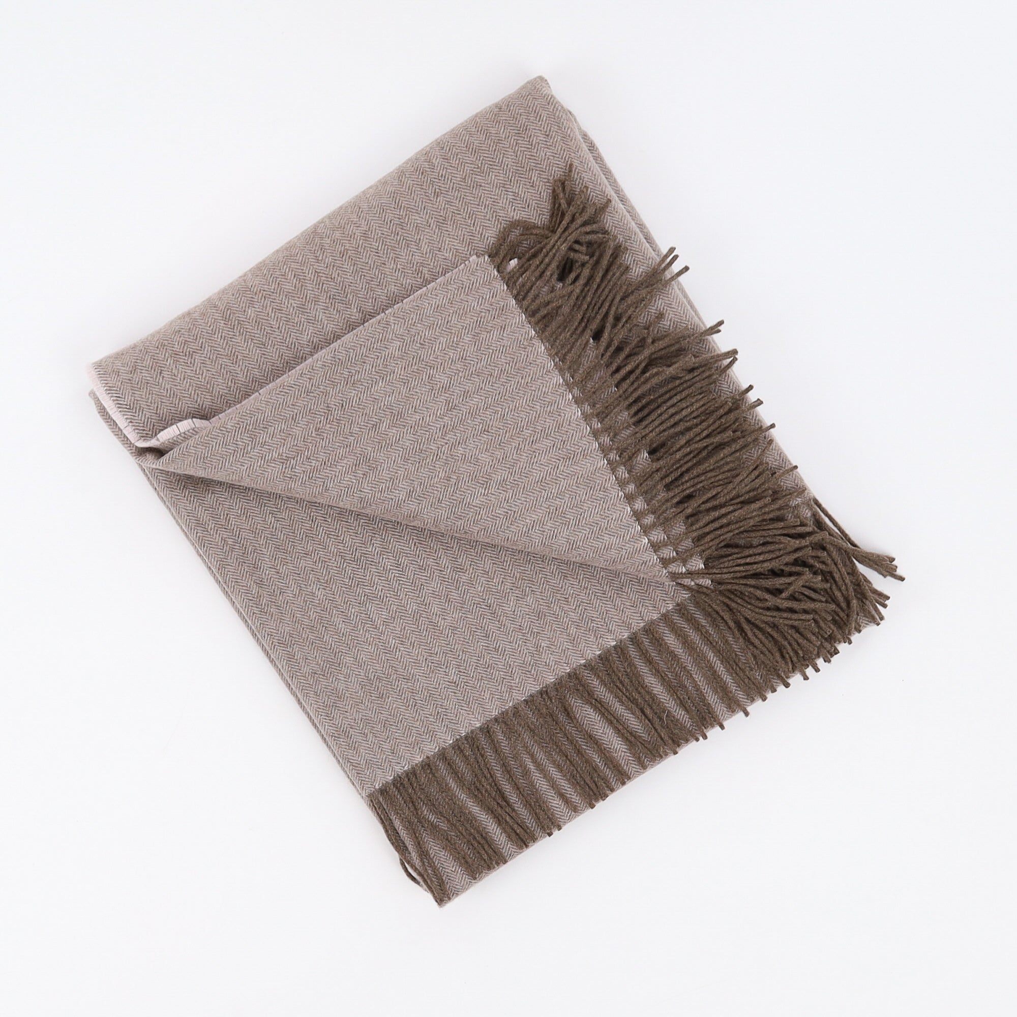 Brand New English Palest Lilac and Mocha Herringbone Luxury Woven Cashmere Blanket
