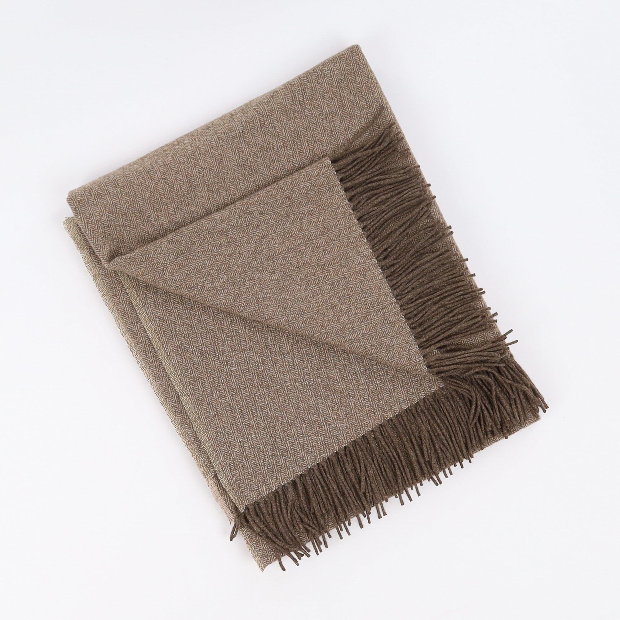 Brand New English Mushroom and Blush Pink Herringbone Luxury Woven Cashmere Blanket
