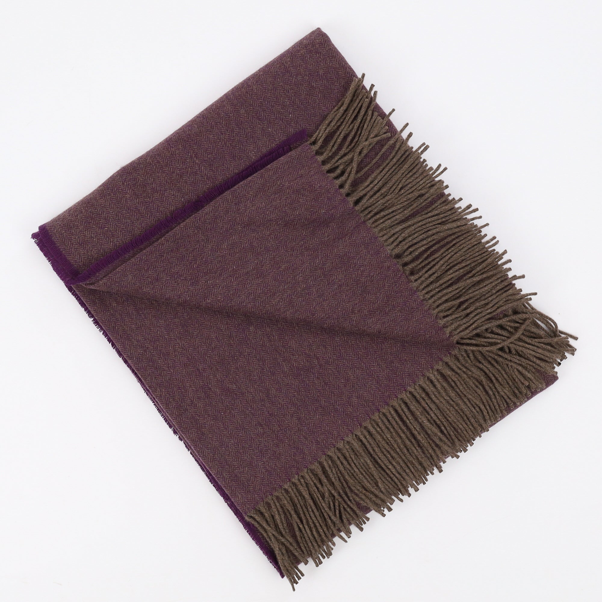 Brand New English Blueberry and Mocha Herringbone Luxury Woven Cashmere Blanket