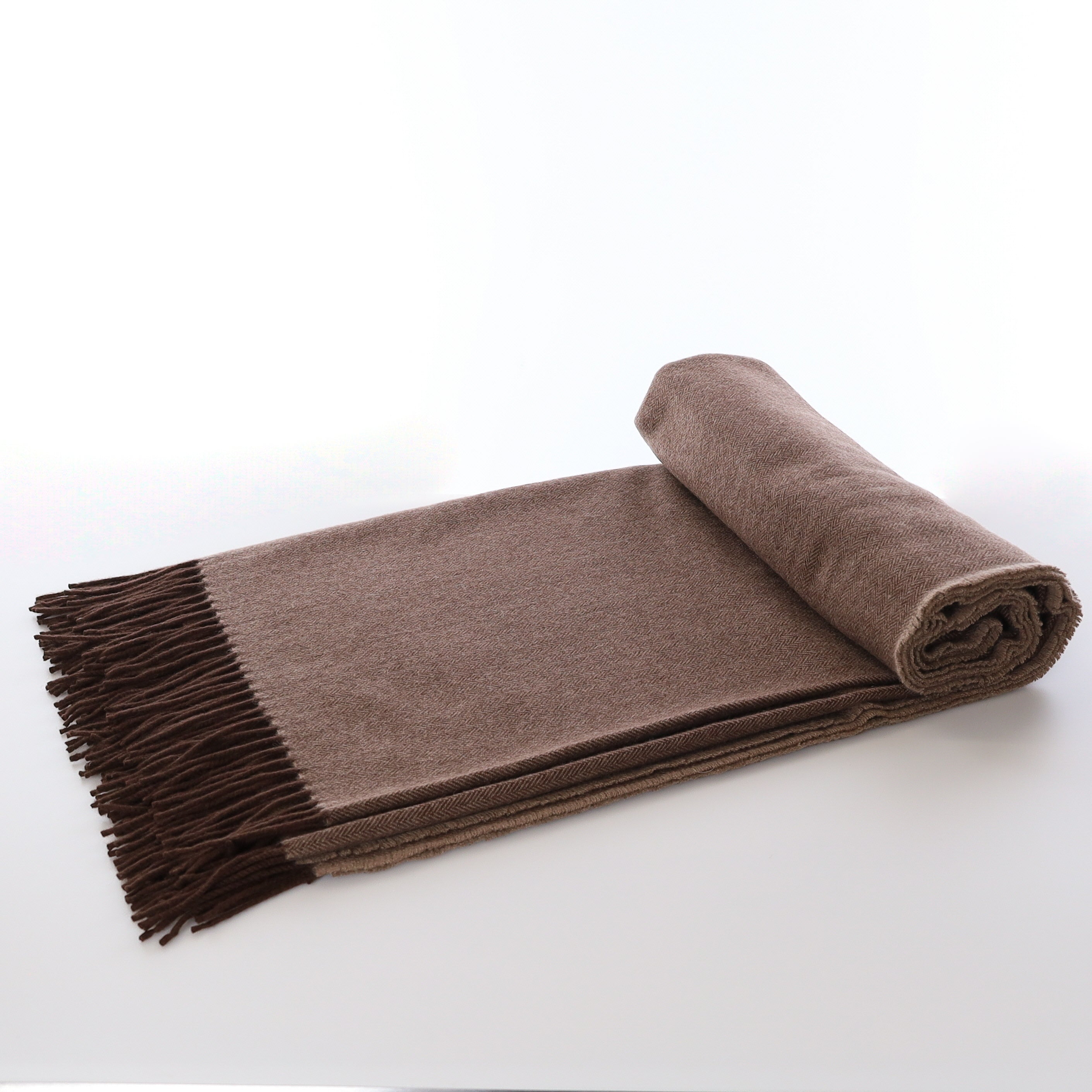 Brand New English Mocha and Chocolate Brown Herringbone Luxury Woven Cashmere Blanket
