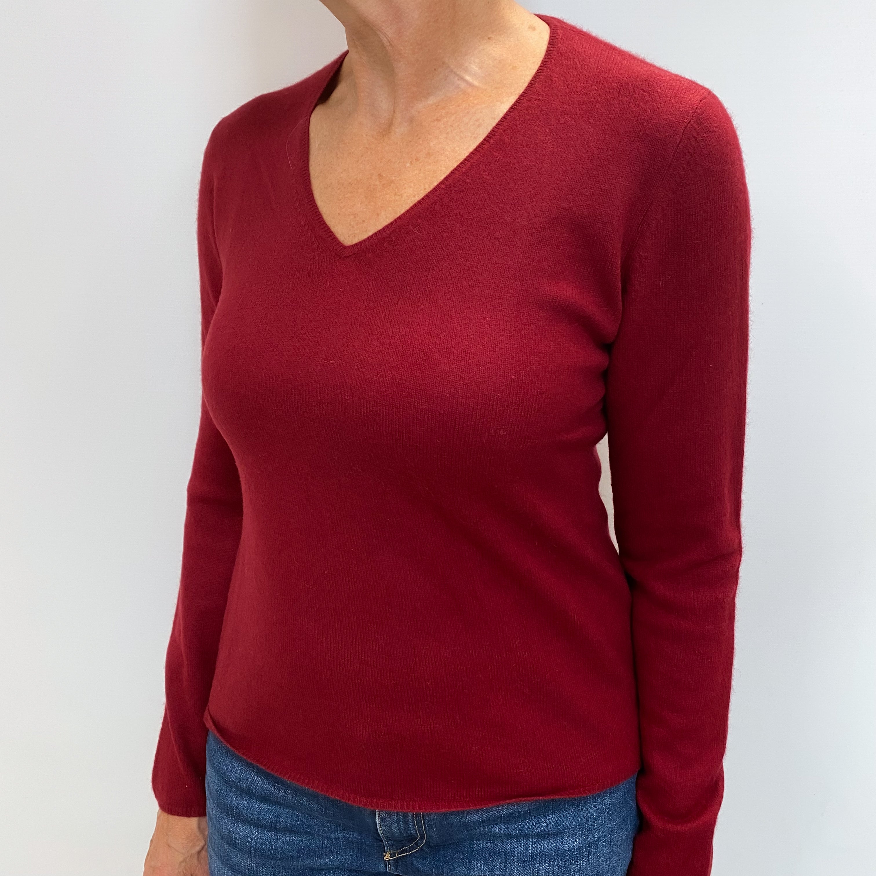 Burgundy Red Cashmere V Neck Jumper Medium