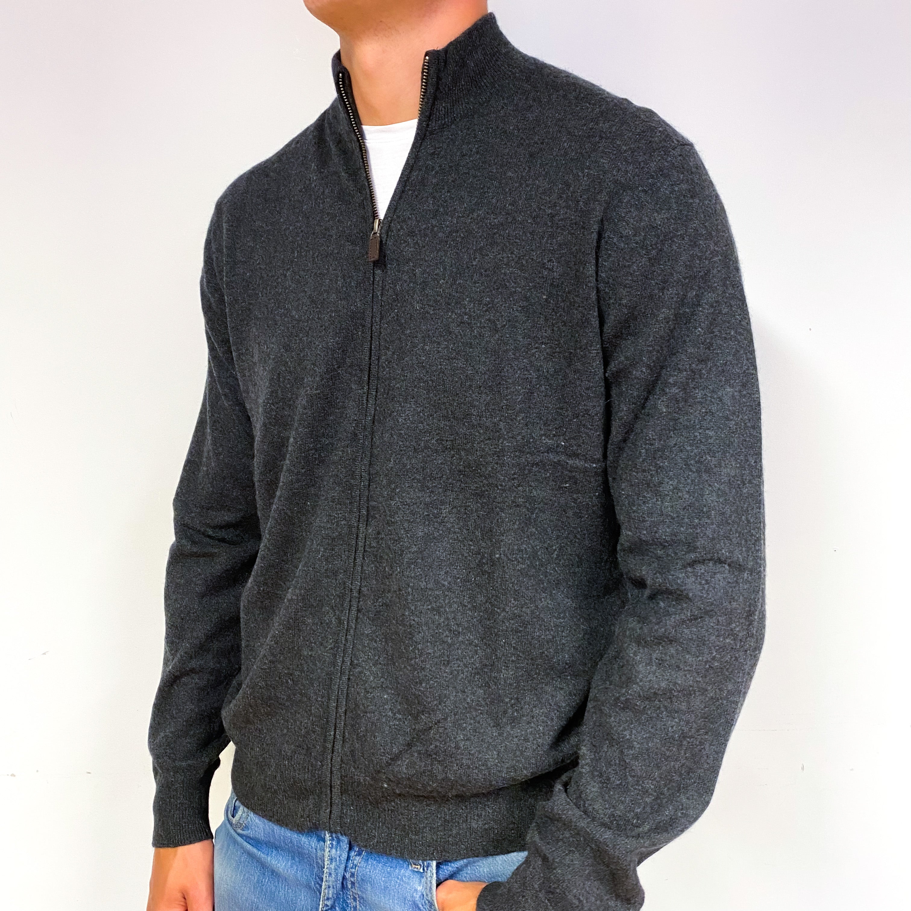 Men's Charcoal Grey Cashmere Zip Up Jumper Extra Large