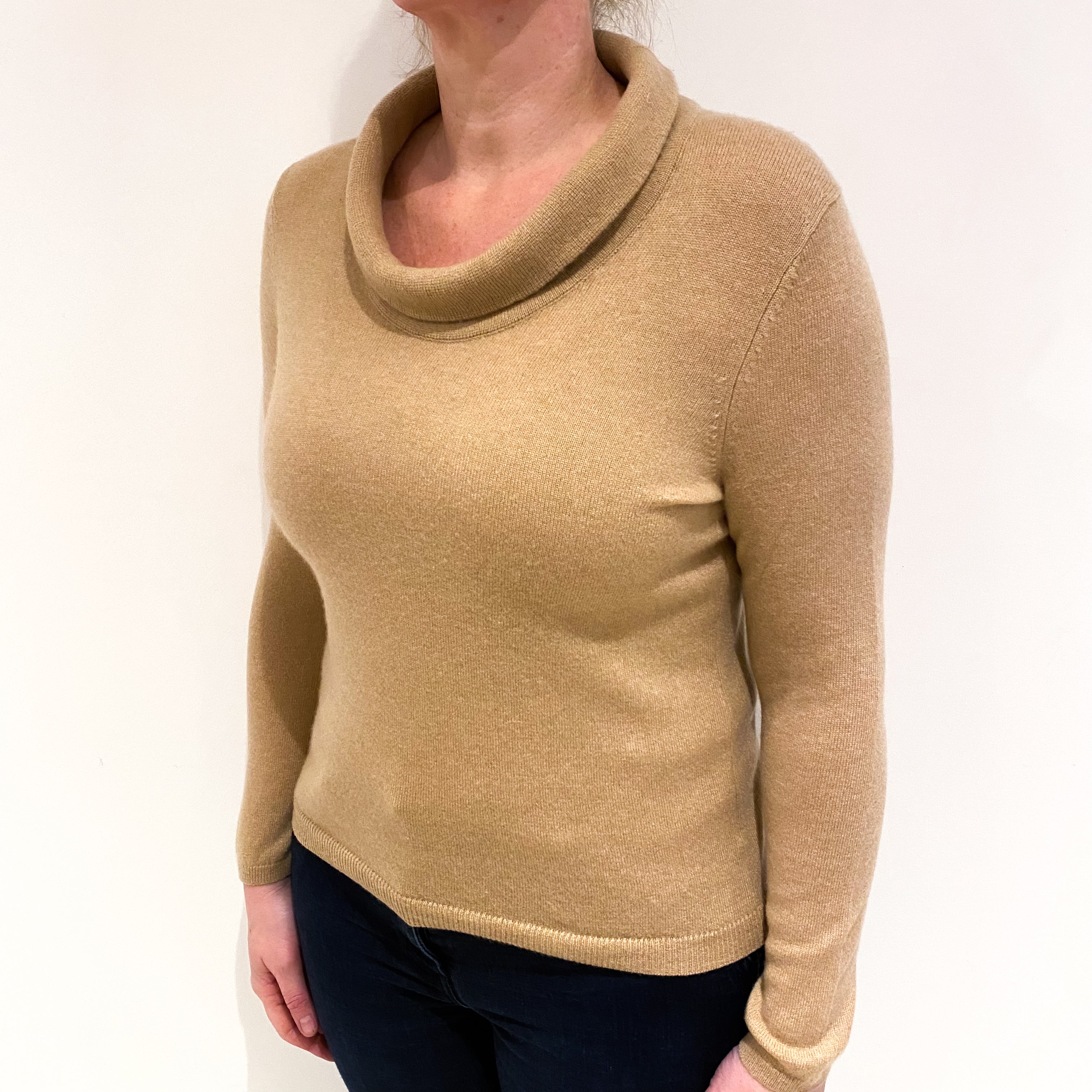 Sand Beige Cashmere Cowl  Neck Jumper Large