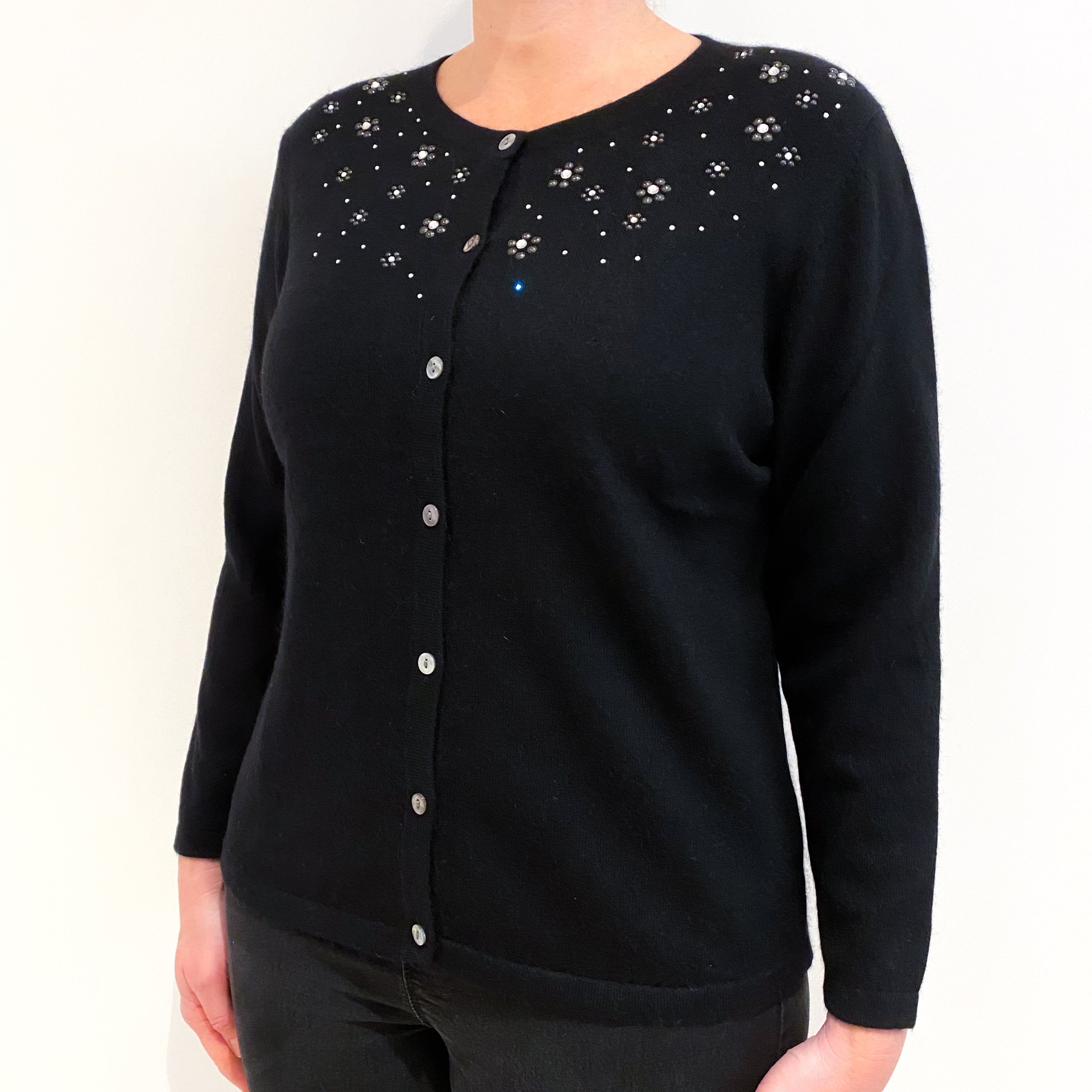 Black Diamanté Cashmere Crew Neck Cardigan Large