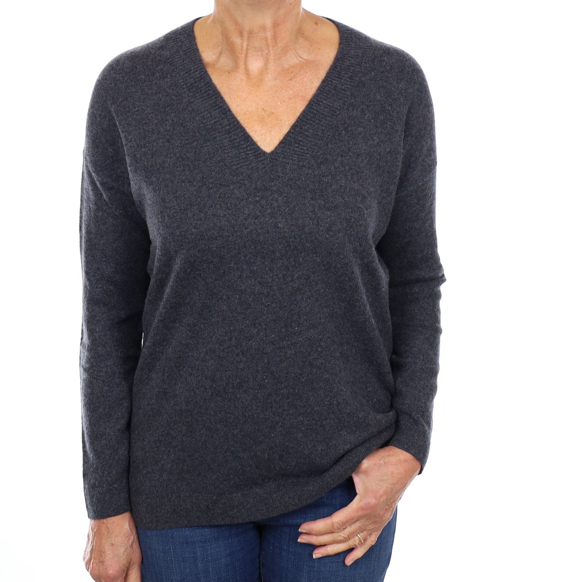 Charcoal Grey Cashmere V Neck Jumper Medium