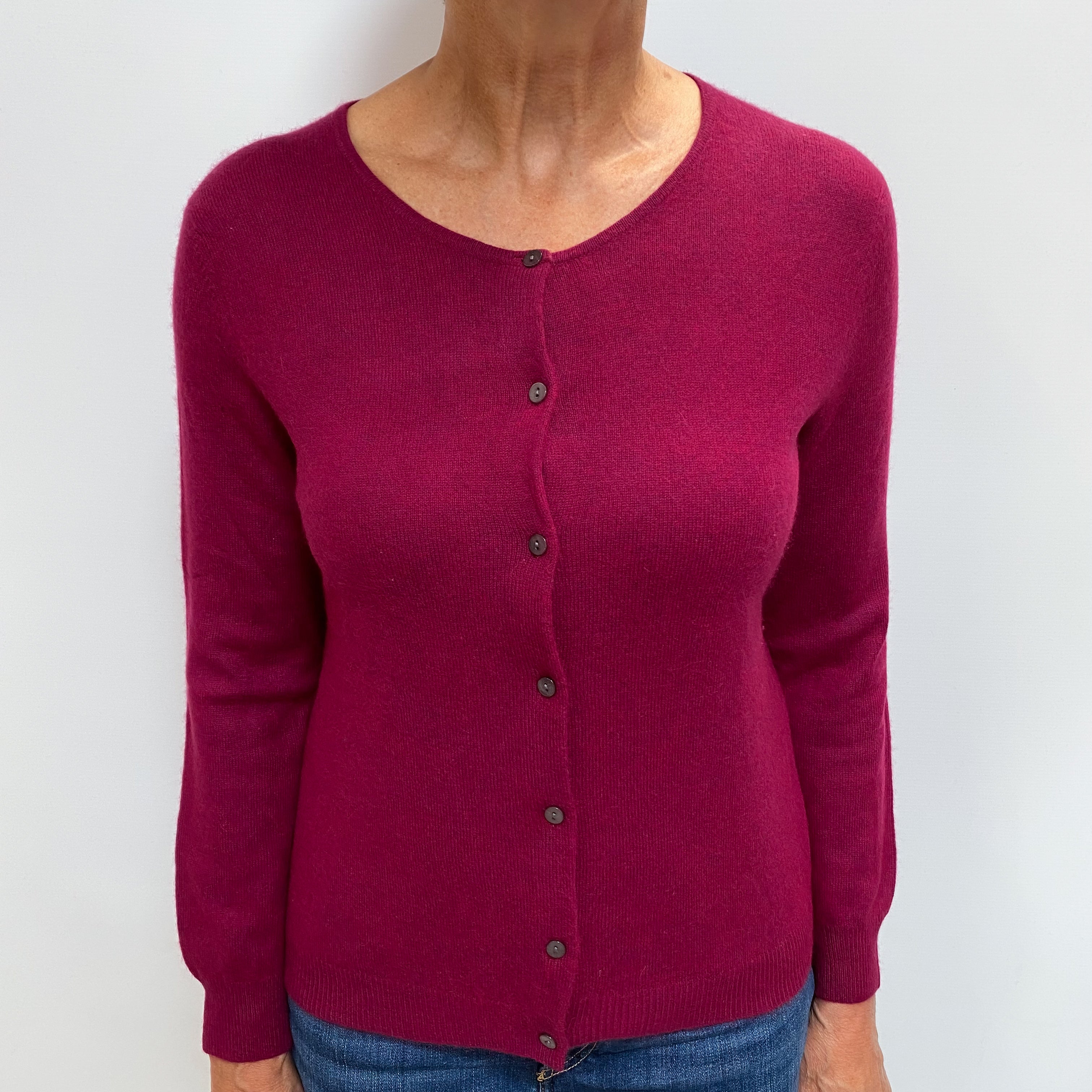 Deep Magenta Pink Cashmere Crew Cardigan Medium
