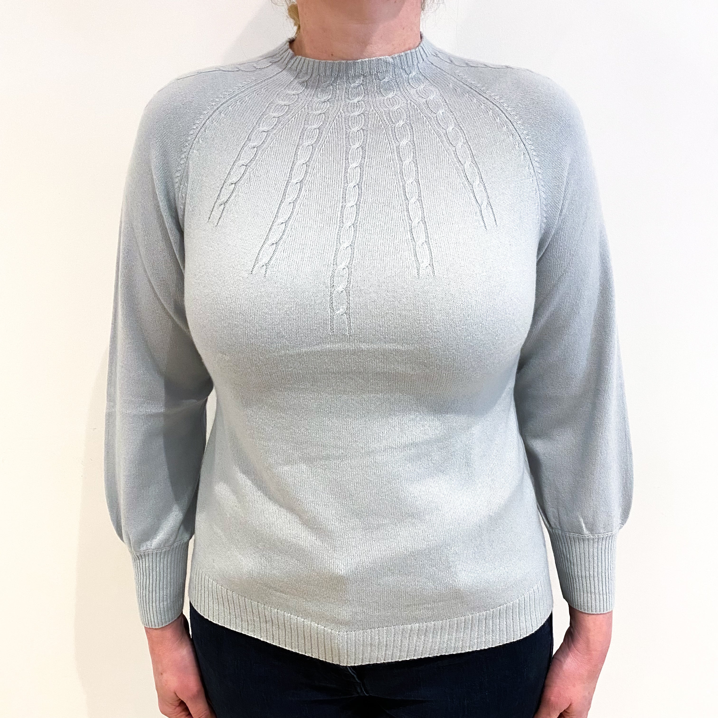 Mint Green Cable Knit Cashmere Polo Neck Jumper Large