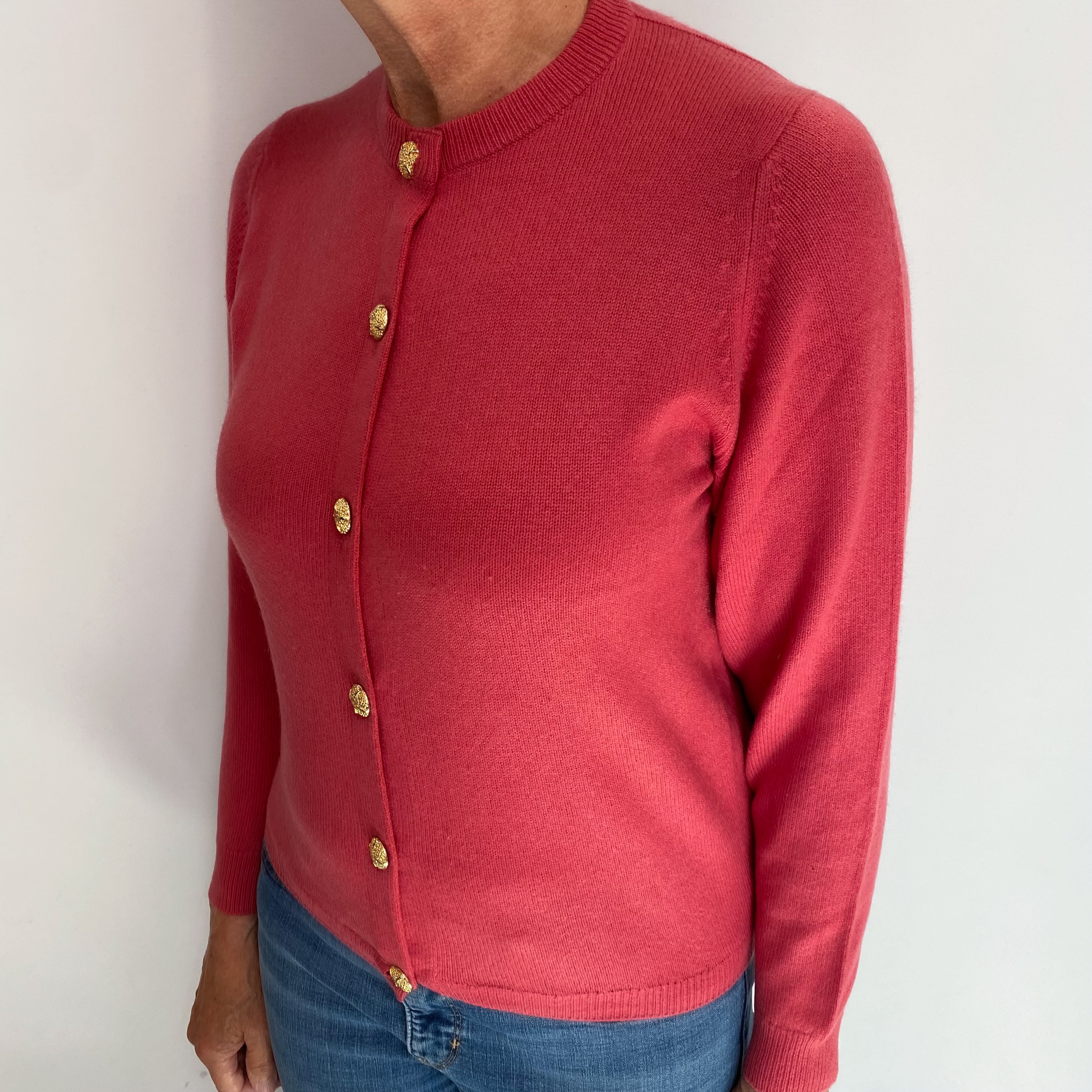 Deep Coral Pink Cashmere Crew Neck Cardigan Medium