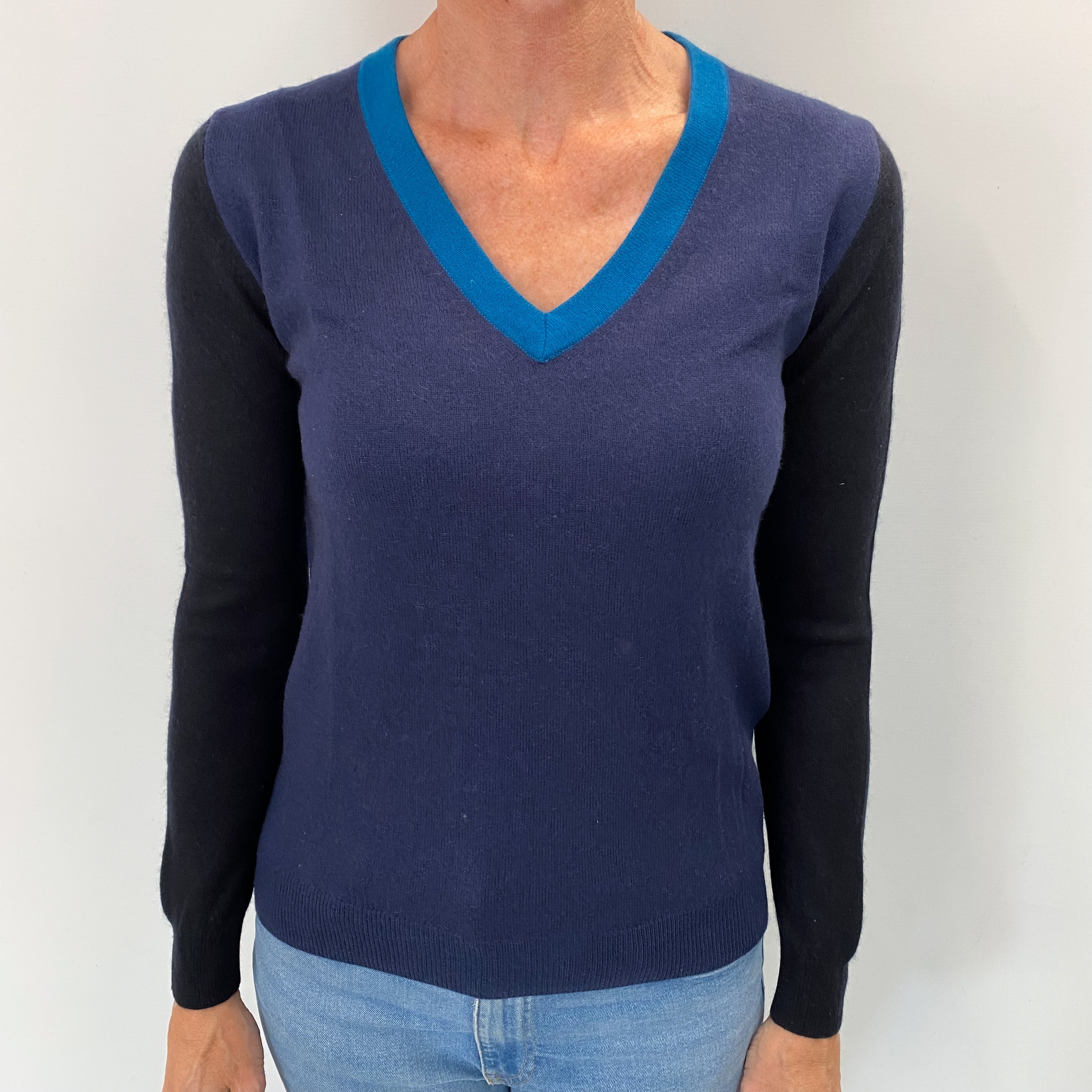 Navy Teal and Black Cashmere V Neck Jumper Small