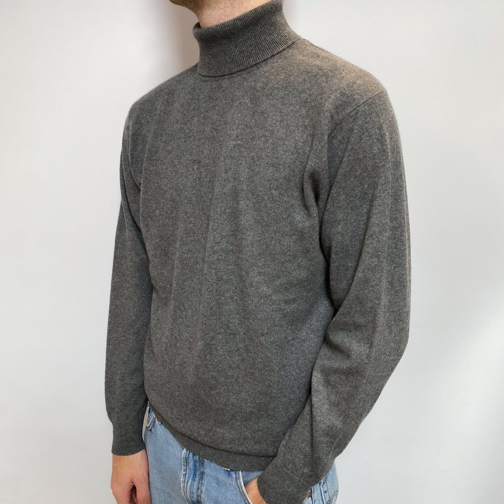 Men's Slate Grey Cashmere Polo Neck Jumper Large