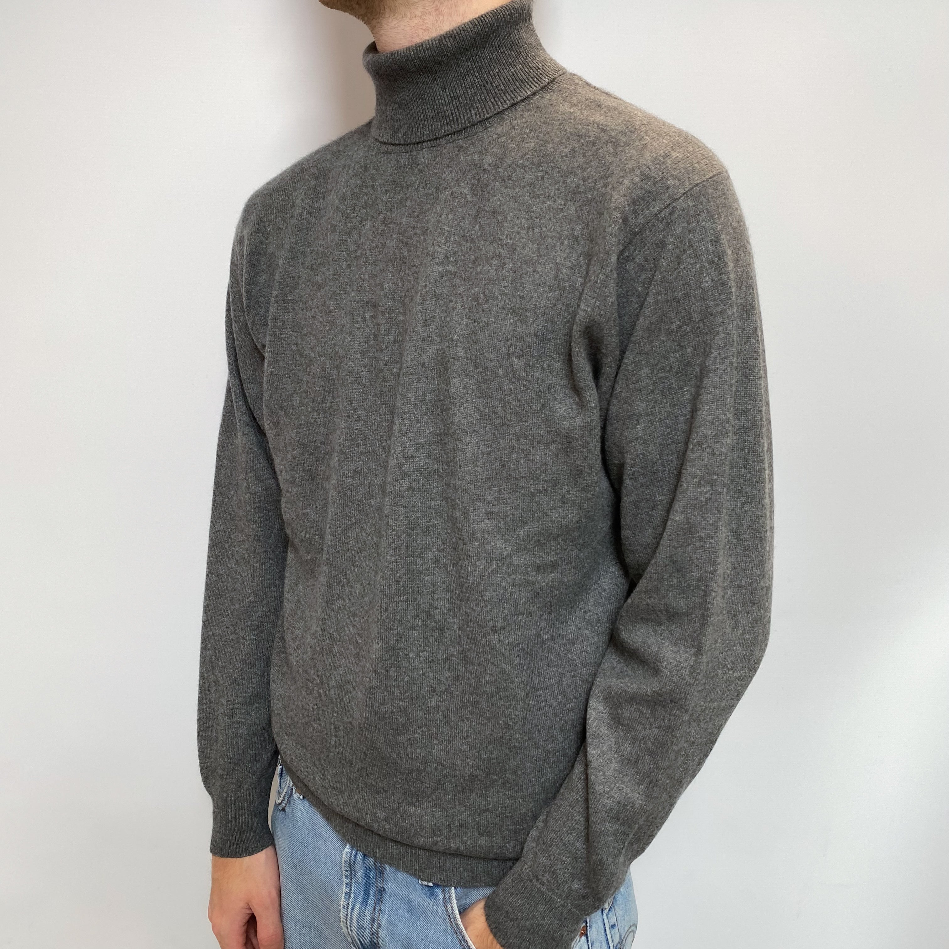 Men's Slate Grey Cashmere Polo Neck Jumper Large