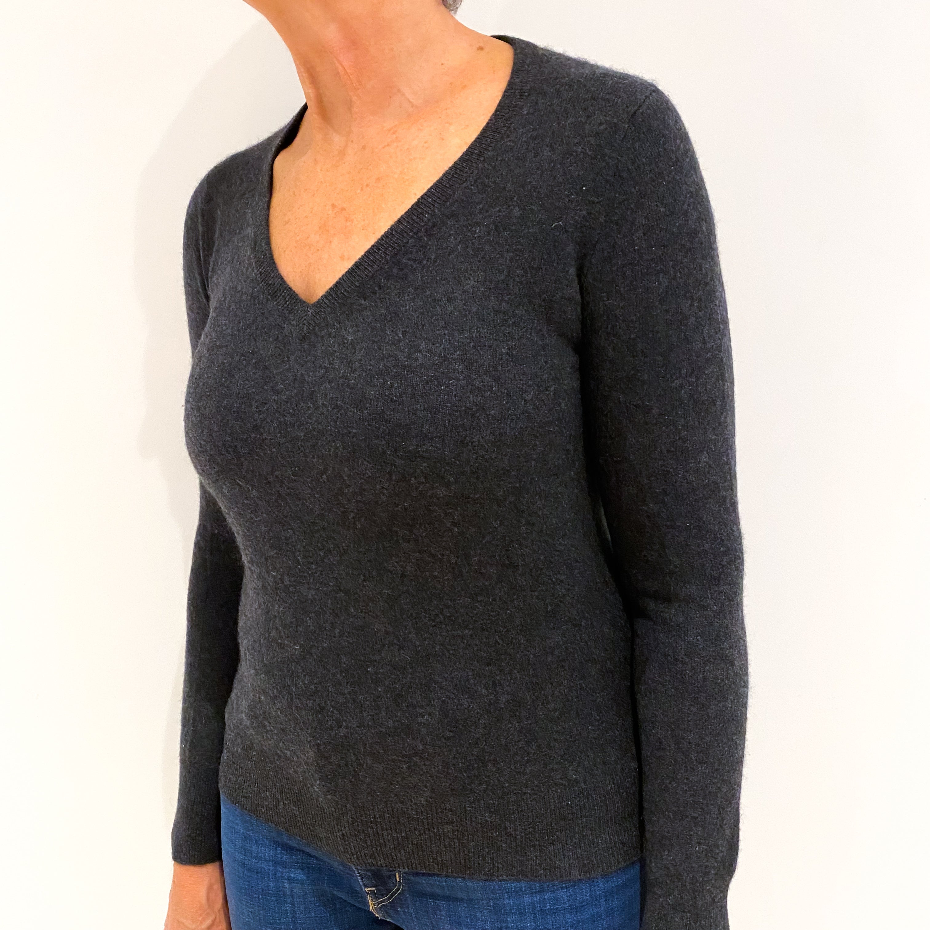 Charcoal Grey Cashmere V-Neck Jumper Medium