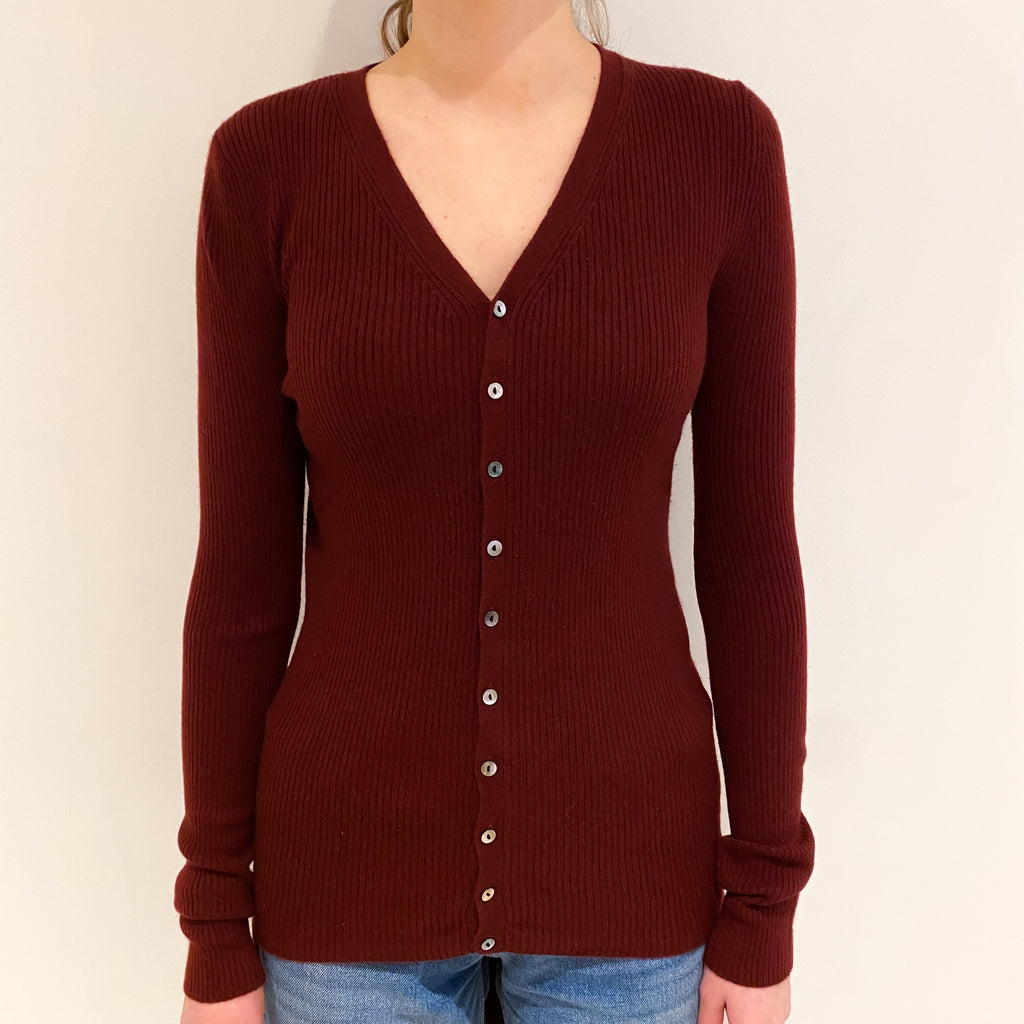 Burgundy Red Dropped Hem Cashmere V Neck Cardigan Extra Small