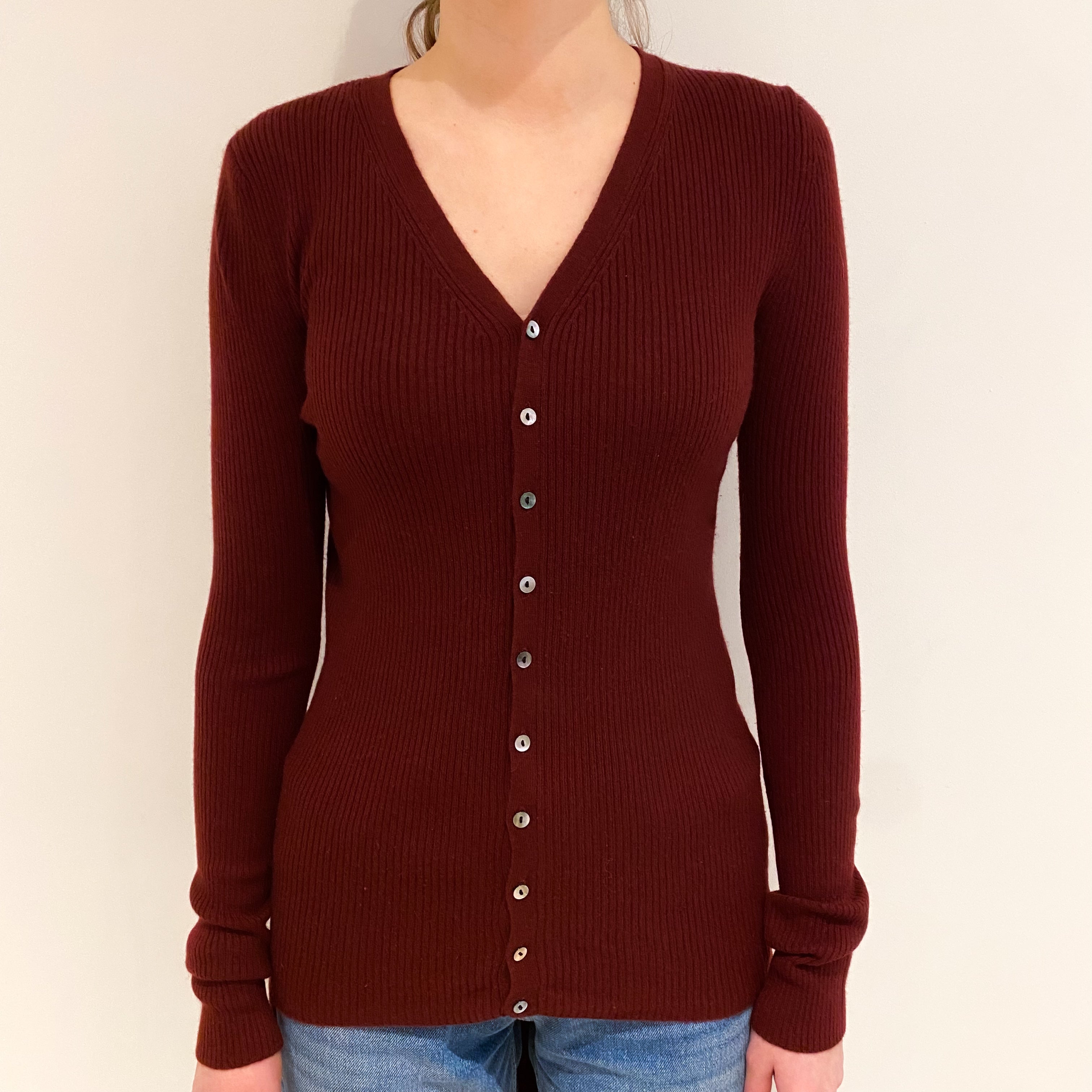 Burgundy Red Dropped Hem Cashmere V Neck Cardigan Extra Small