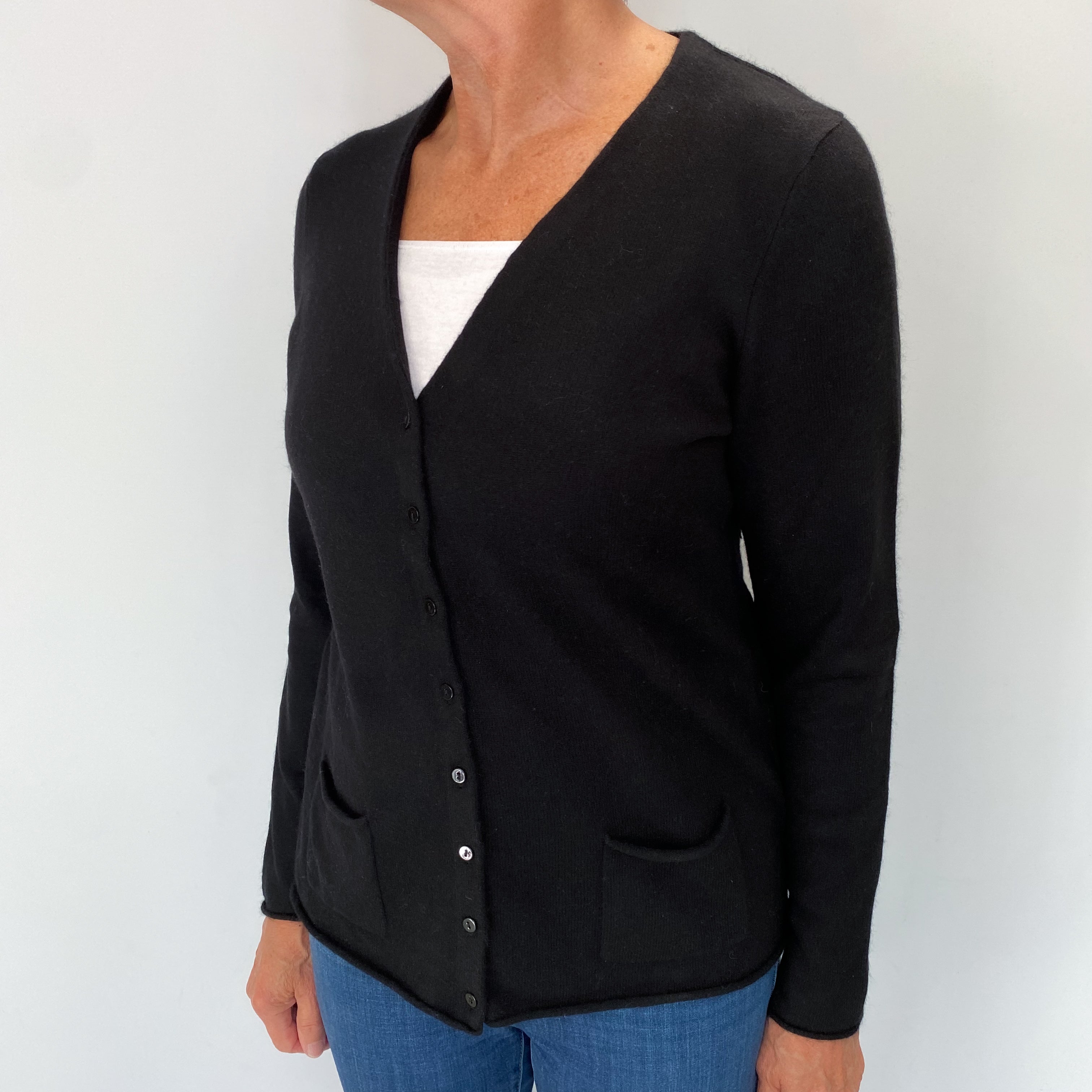 Black Cashmere V Neck Cardigan with Pockets Medium