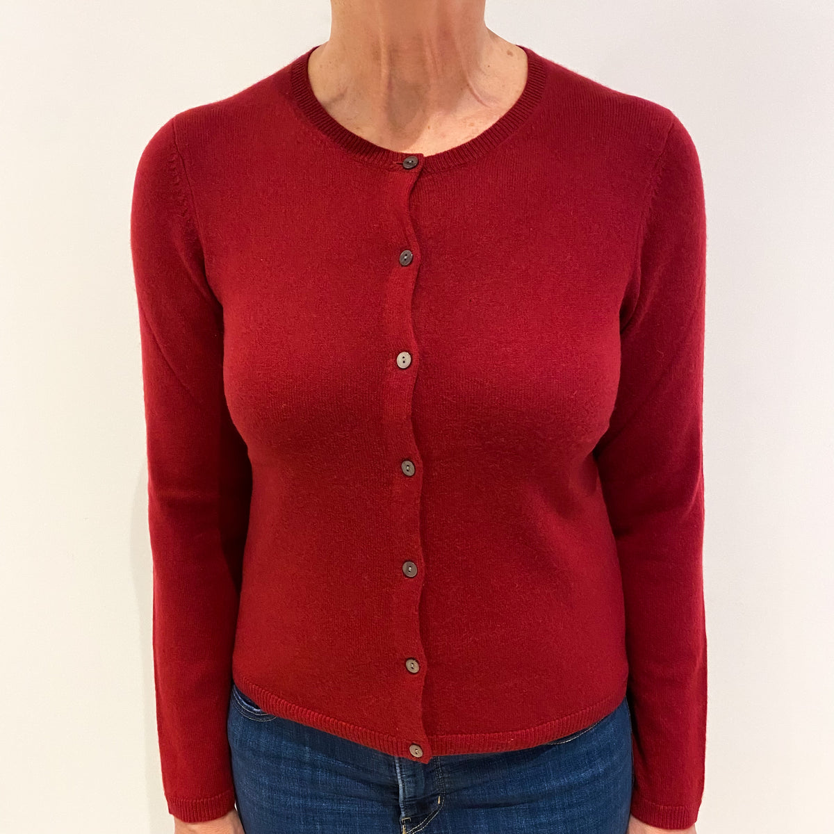 Crimson Red Cashmere Crew Neck Cardigan Medium