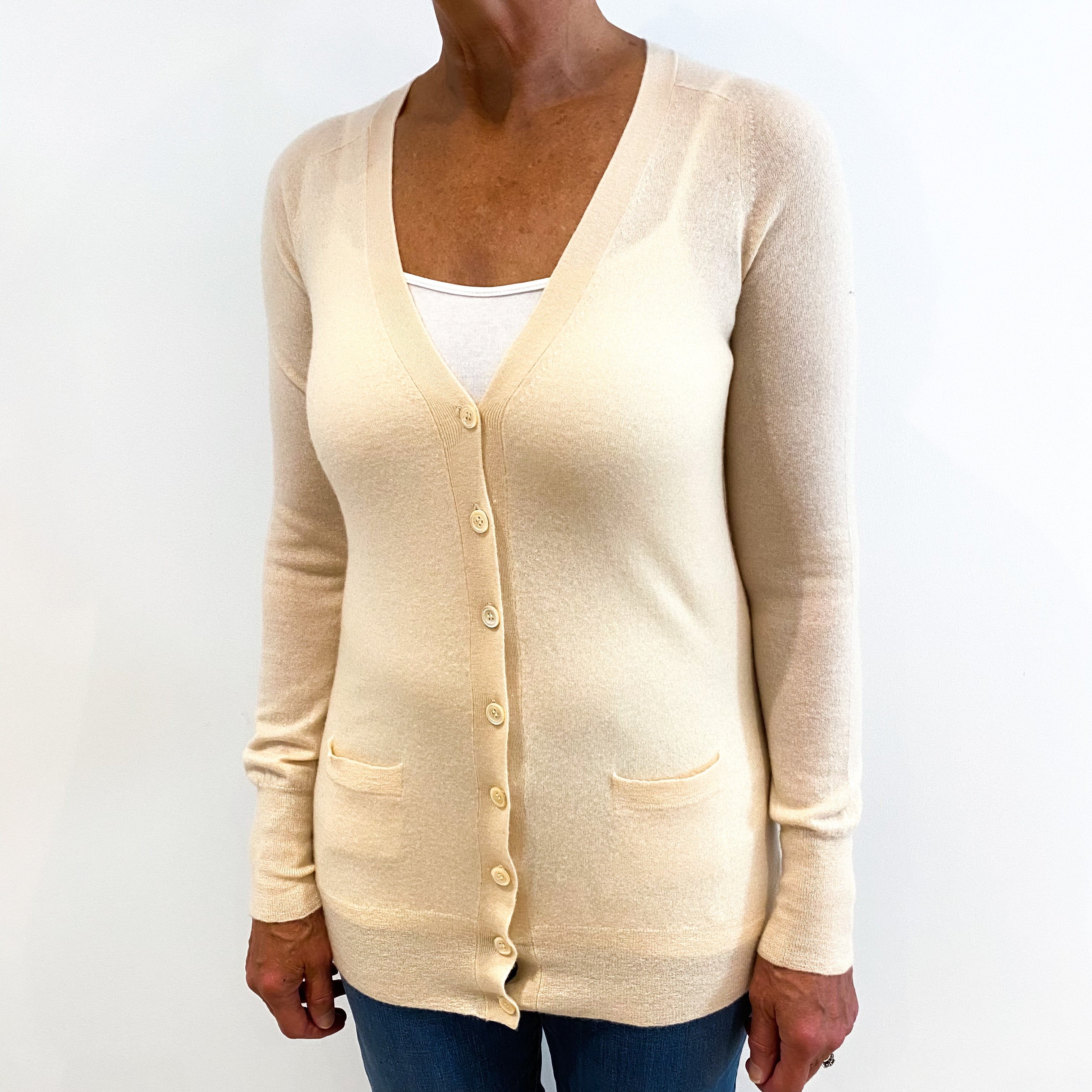 Pale Pink Cream Cashmere V-Neck Cardigan Medium
