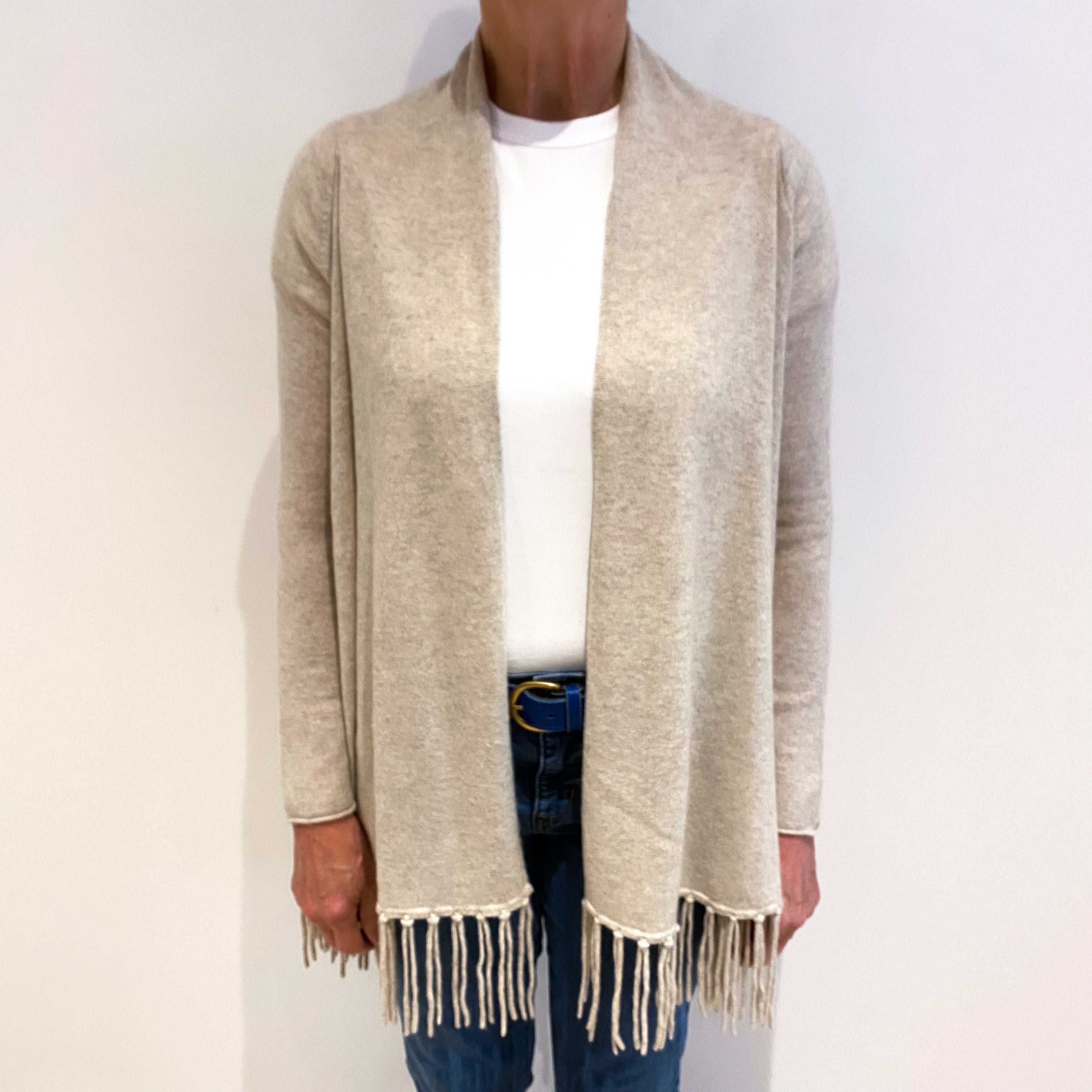 Oatmeal Beige With Fringe Cashmere Shawl Edge To Edge Cardigan Medium