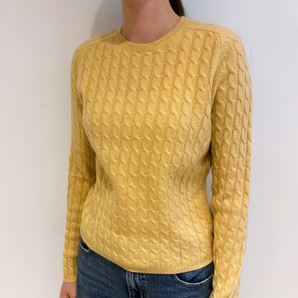 Mustard Yellow Cashmere Crew Neck Cable Knit Jumper Extra Small