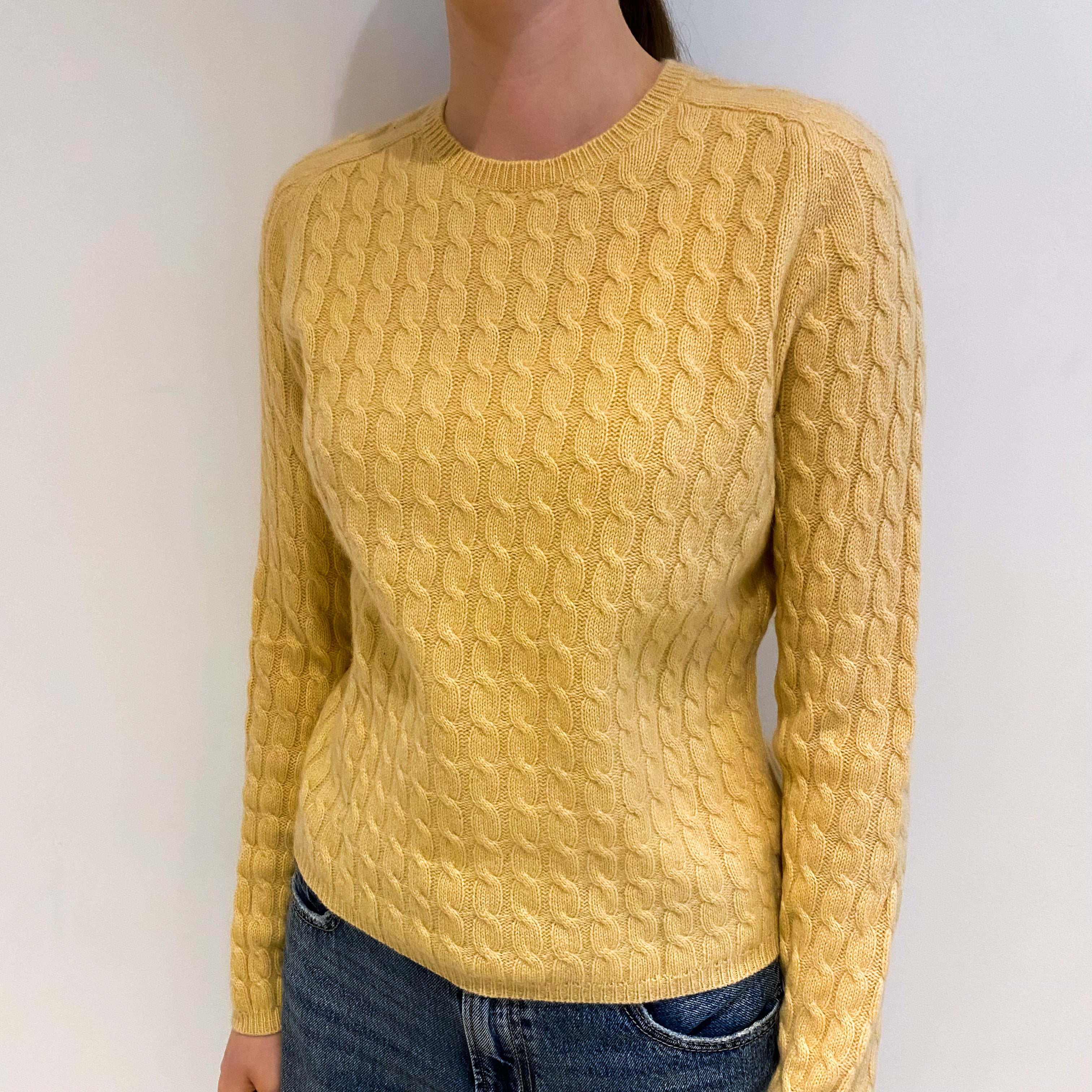 Mustard Yellow Cashmere Crew Neck Cable Knit Jumper Extra Small